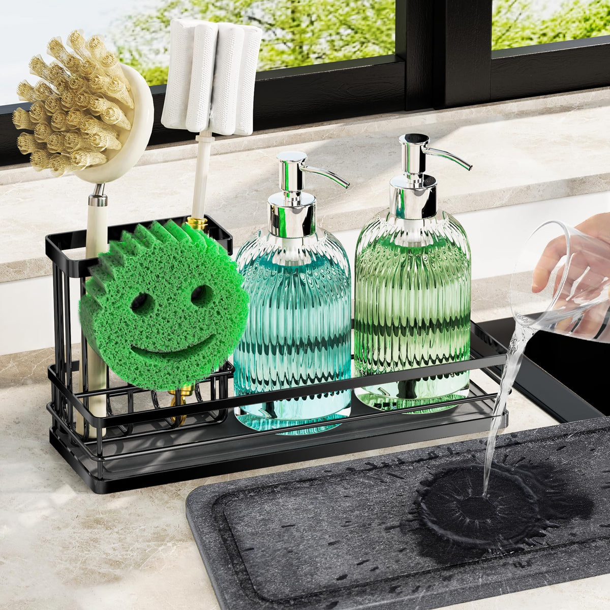 galasily Sink Caddy Organizer with Water Absorbing Stone Tray, Instant Dry Sponge Holder Smiley Face, Dish Brush Holder for Coun