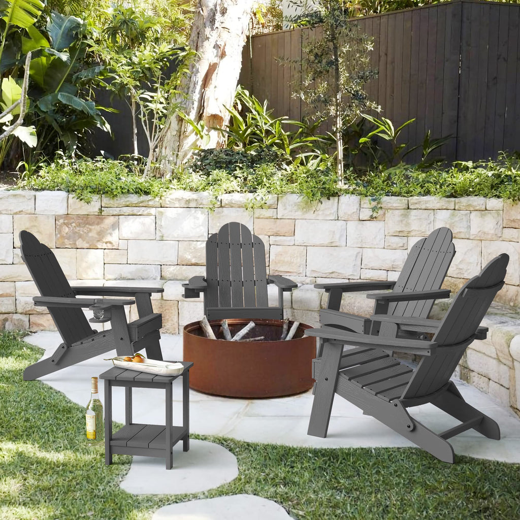 Lue Bona Folding Adirondack Chair Set Of 4, Dark Gray Hdps Fire Pit Patio Chairs Weather Resistant, Modern Plastic Outdoor Chairs With Cup Holder