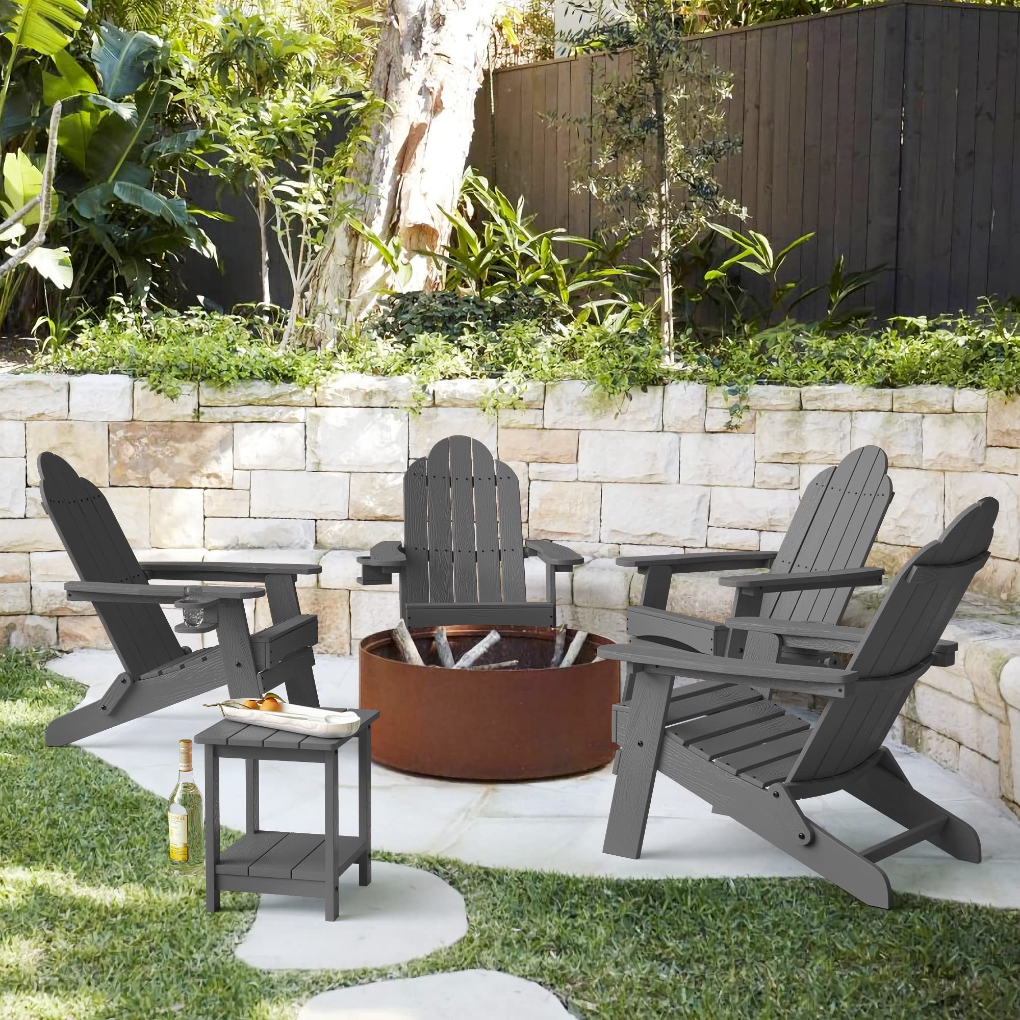 Lue Bona Folding Adirondack Chair Set Of 4, Dark Gray Hdps Fire Pit Patio Chairs Weather Resistant, Modern Plastic Outdoor Chairs With Cup Holder