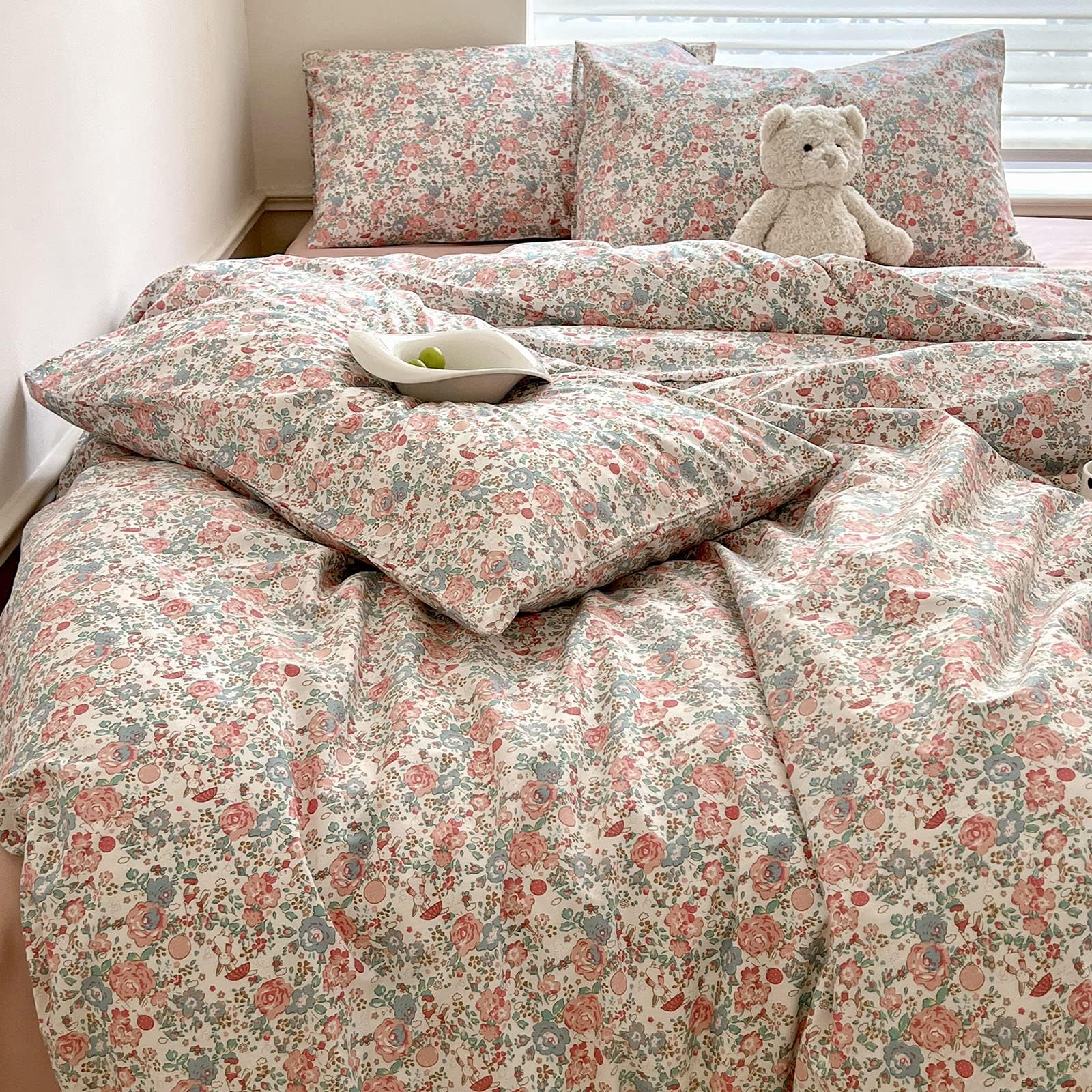 Boho Floral Duvet Cover Queen Soft Cotton Aesthetic Floral Bedding Sets French Style Pink Blue Flower Branches Duvet Cover Chic