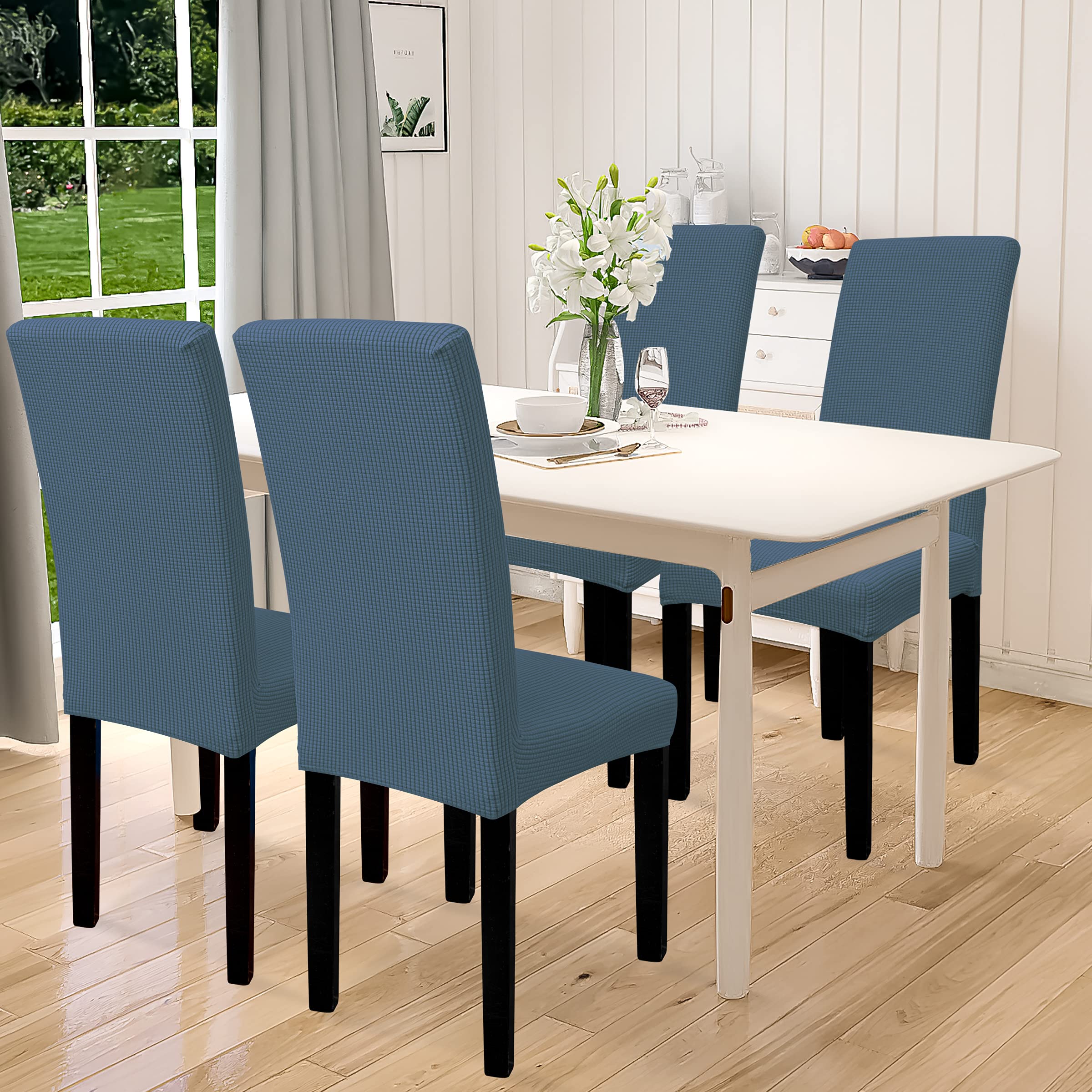 Easy-Going 100% Waterproof Dining Room Chair Cover Set Of 4, Stretch Jacquard Parson Chair Slipcover Removable Washable Chair Protector For Home, Restaurant, Banquet (Large, Bluestone)