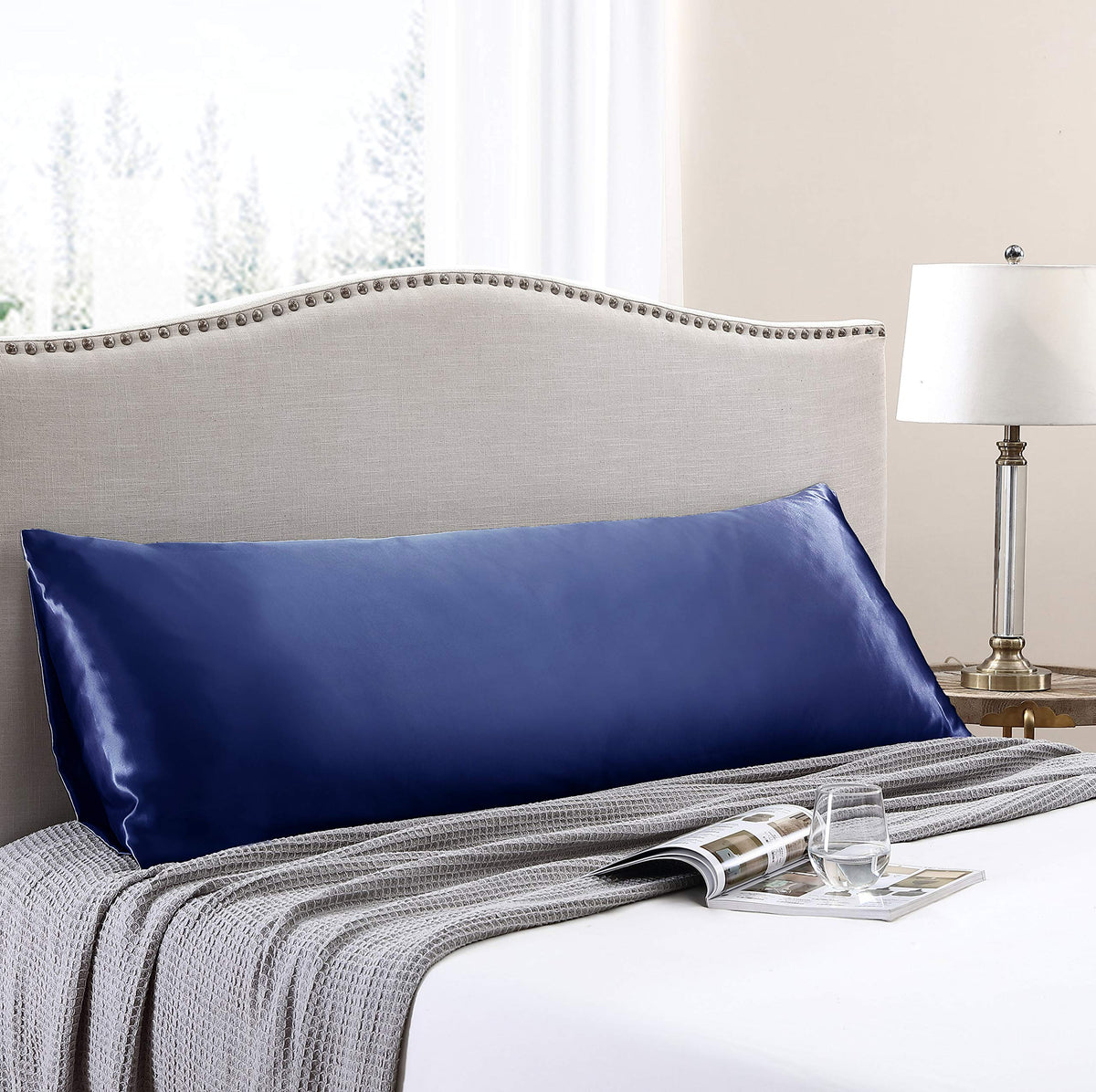Love'S Cabin Body Pillow Cover, 20X54 Inches Navy Blue Soft Satin Body Pillow Case With Envelope Closure, Silky Slip Cooling Bod