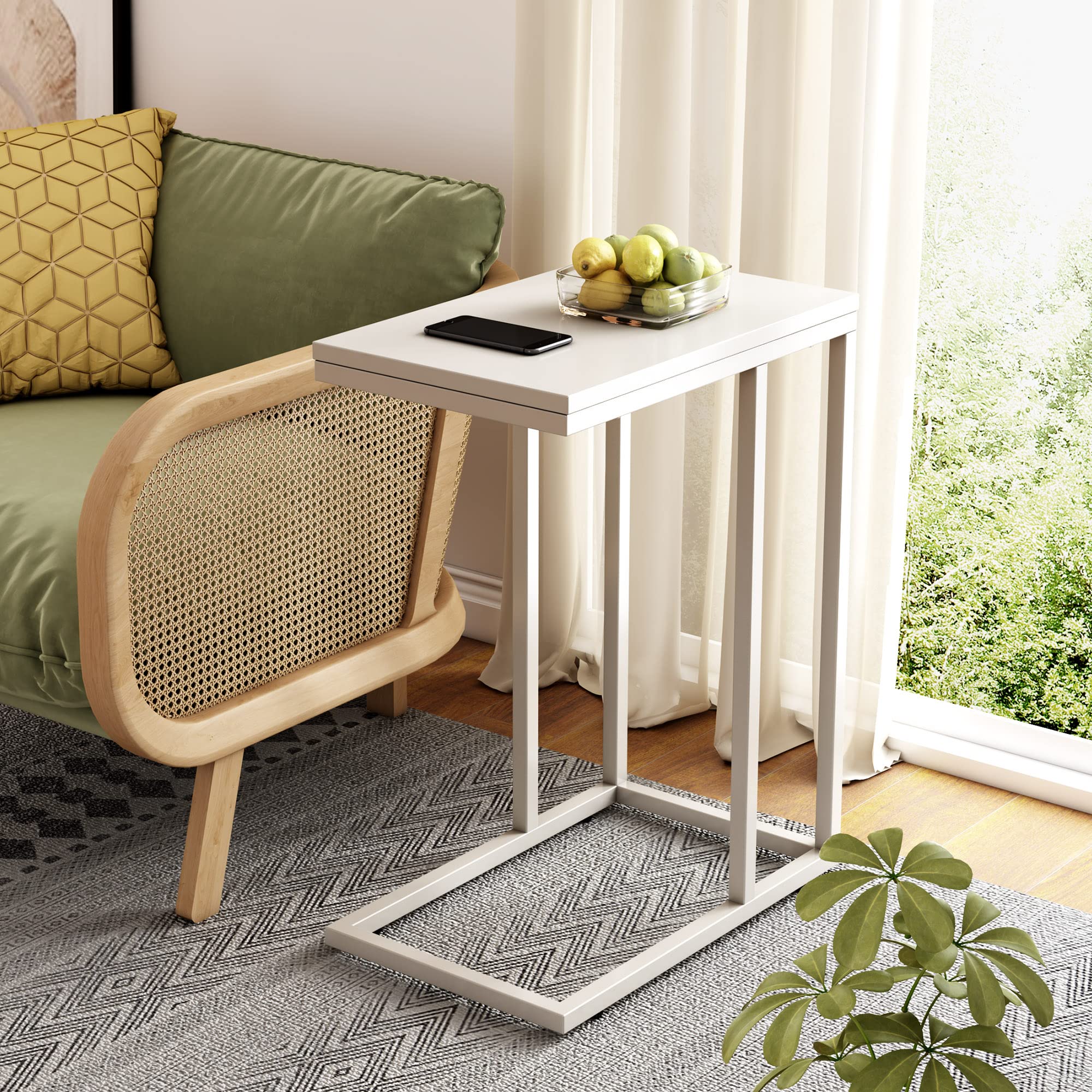 Wlive Side Table, C Shaped End Table For Couch, Sofa And Bed, Large Desktop C Table For Living Room, Bedroom, Creamy White And Black