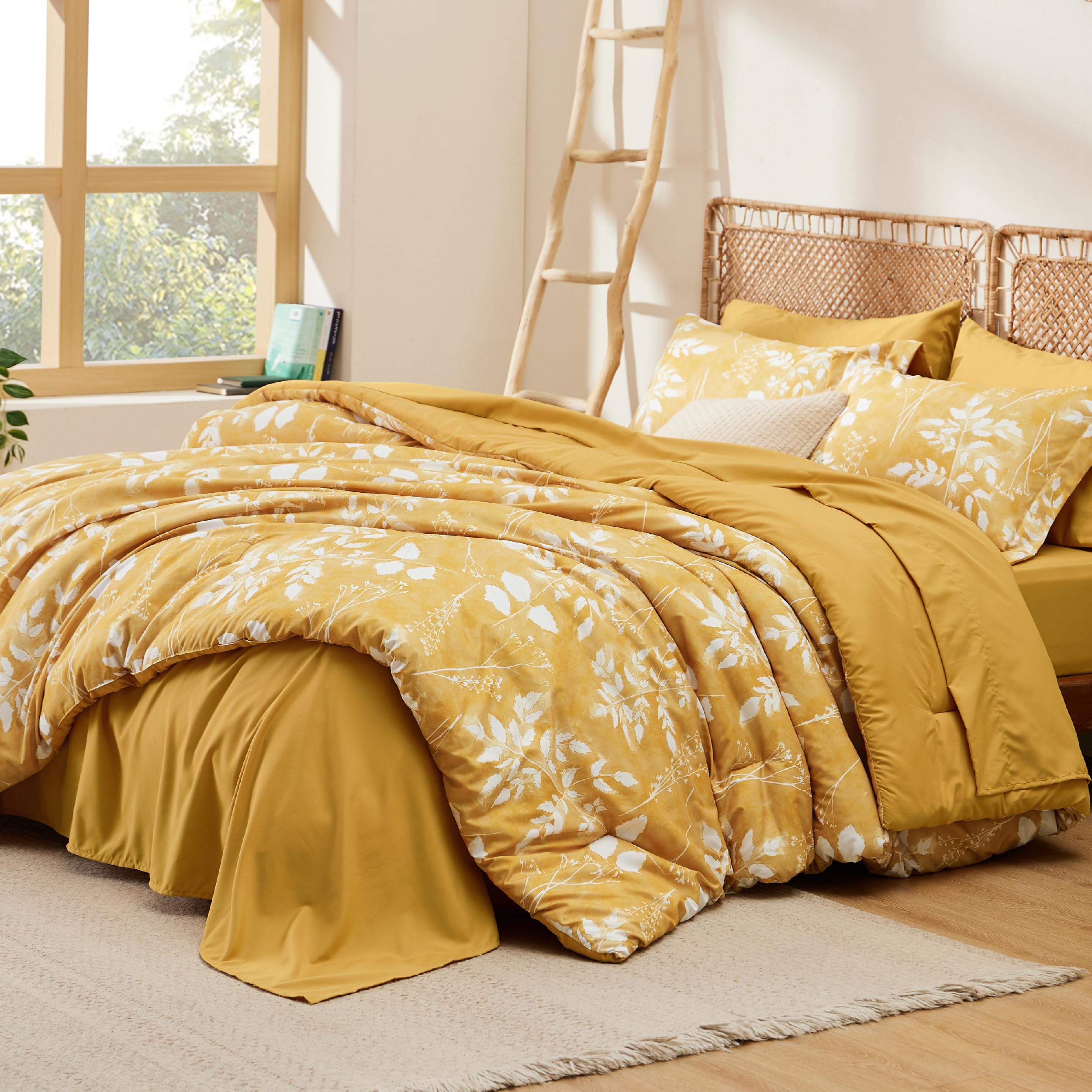 Bedsure Yellow Queen Comforter Set - 7 Pieces Floral Bedding Sets Queen Bed In A Bag With Reversible Botanical Flowers Comforter, Sheets, Pillowcases & Shams