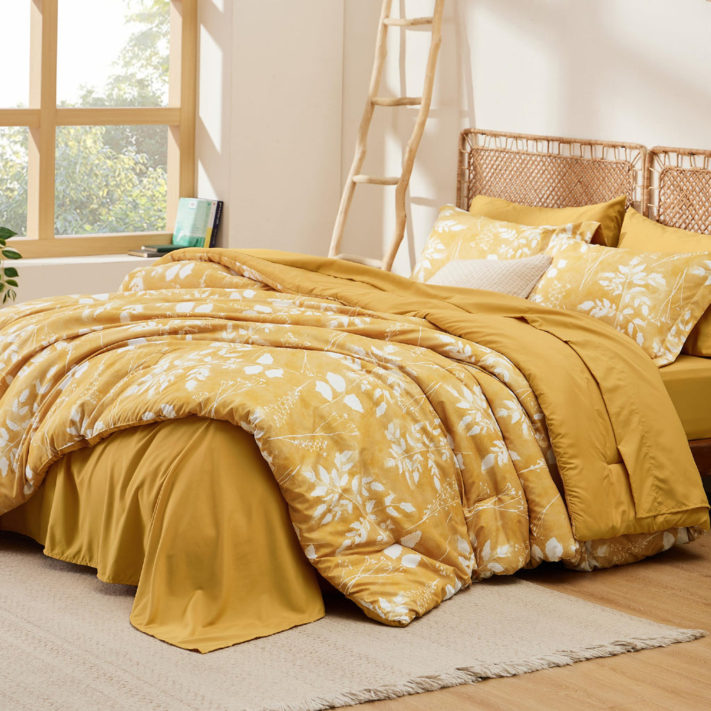 Bedsure Yellow Queen Comforter Set - 7 Pieces Floral Bedding Sets Queen Bed In A Bag With Reversible Botanical Flowers Comforter, Sheets, Pillowcases & Shams