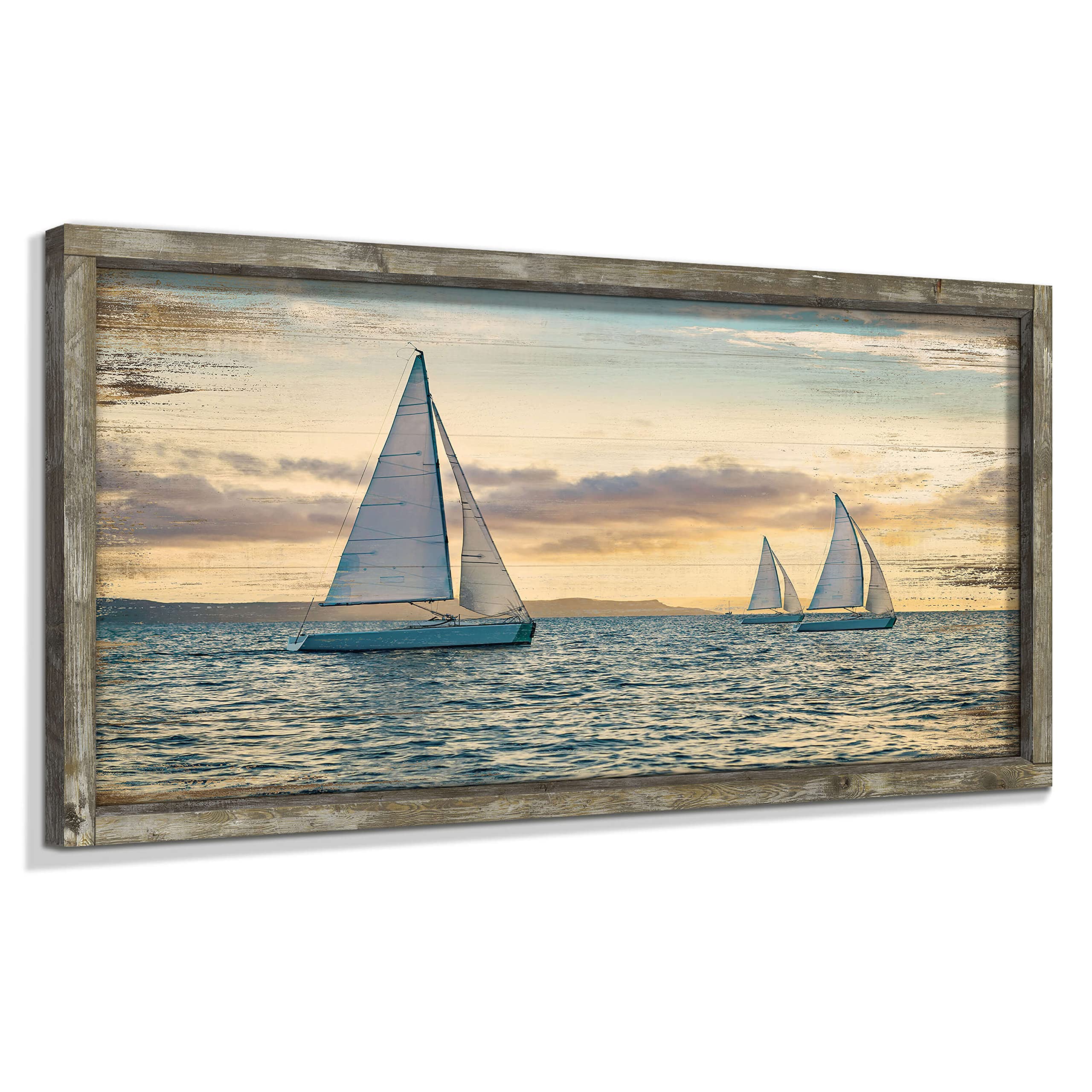 Ocean Framed Wooden Wall Art: Coastal Painting Art 40x20 Sail Boats Artwork Decor Sunset Seascape Picture Prints for Office