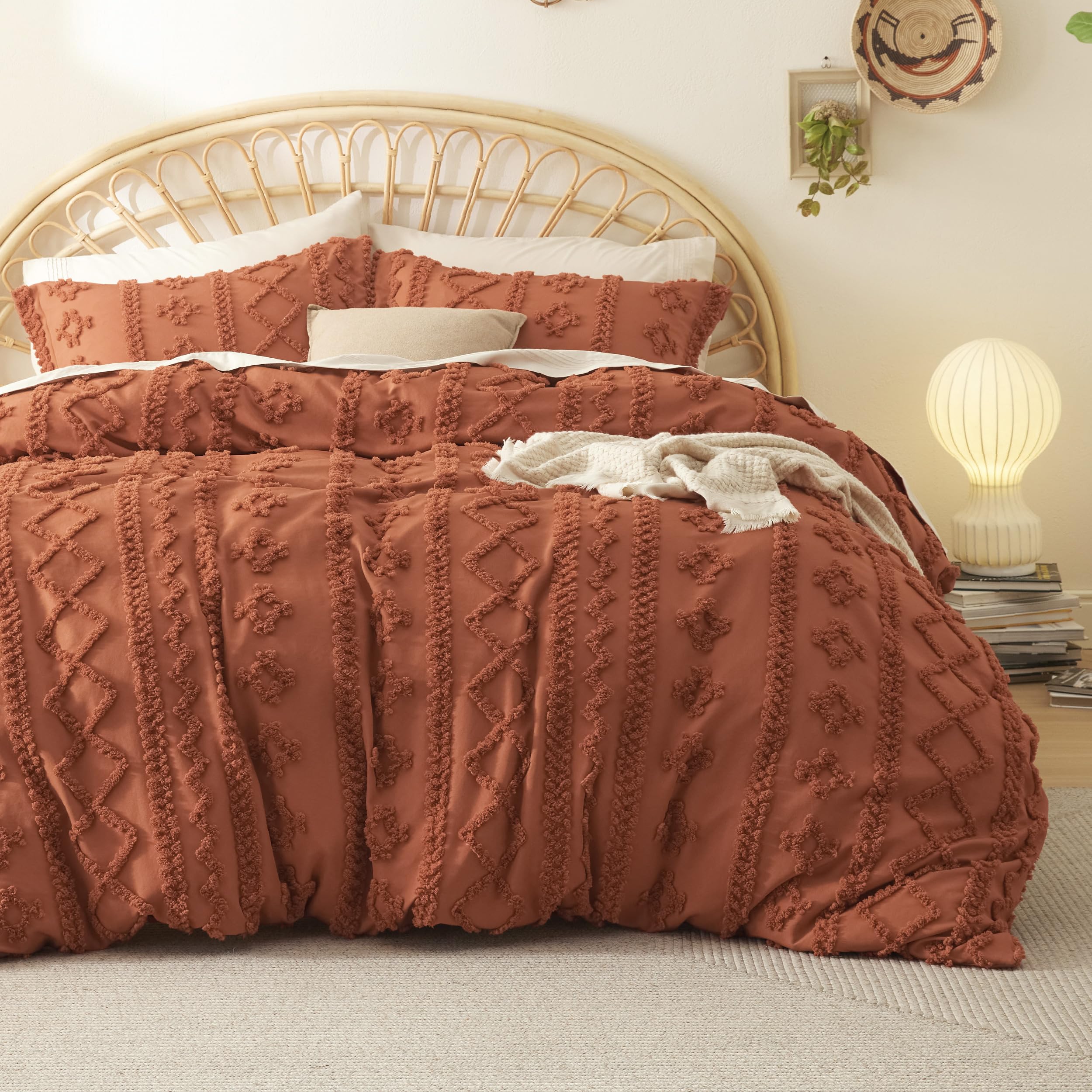 Bedsure Boho Duvet Cover Queen Size - Tufted Duvet Cover Queen Set For All Seasons, 3 Pieces Soft Shabby Chic Embroidery Boho Bedding, Comforter Not Included (Terracotta, 90' X 90')