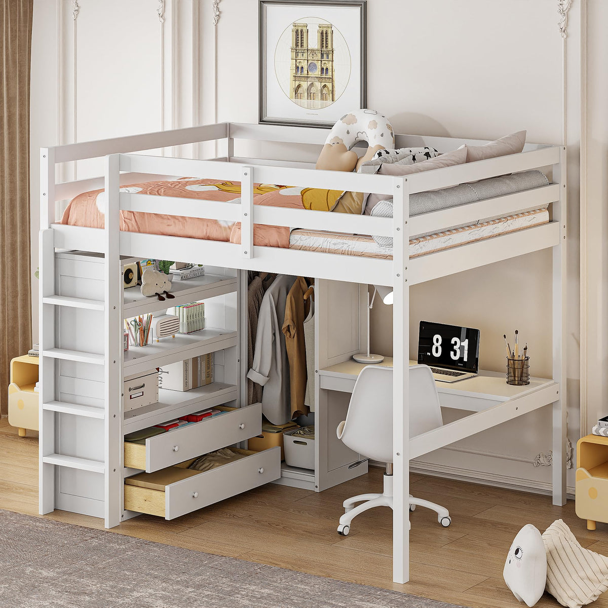 Ball & Cast Wood Full Size Loft Bed with Builtin Wardrobe and Desk,Bedframe w/Storage Shelves and Drawers,FullLength Guard Rai