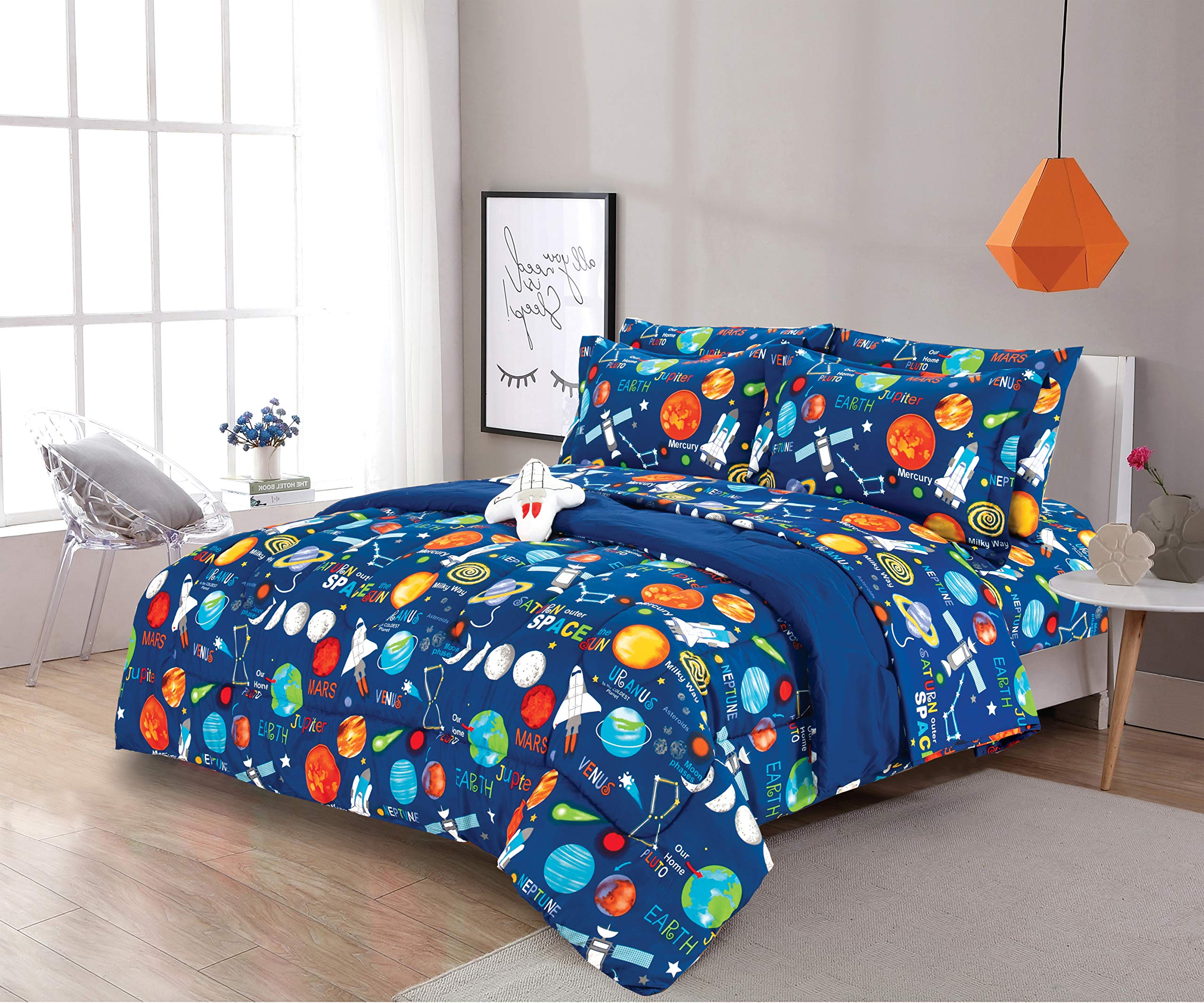 Sapphire Home 6 Piece Space Themed Twin Bedding Set For Boys, Bed In A Bag, Kids Comforter Set With Bed Sheets, Pillow Case, Toy