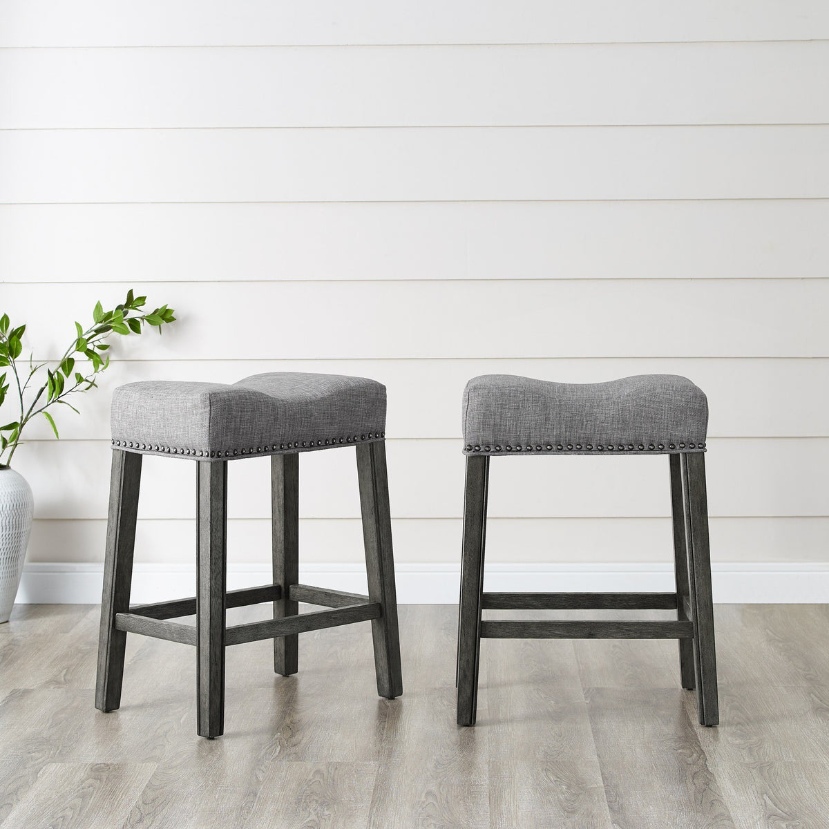 Roundhill Furniture Coco Upholstered Backless Saddle Seat Counter Stools 25.5'' Height, Set of 2, Gray