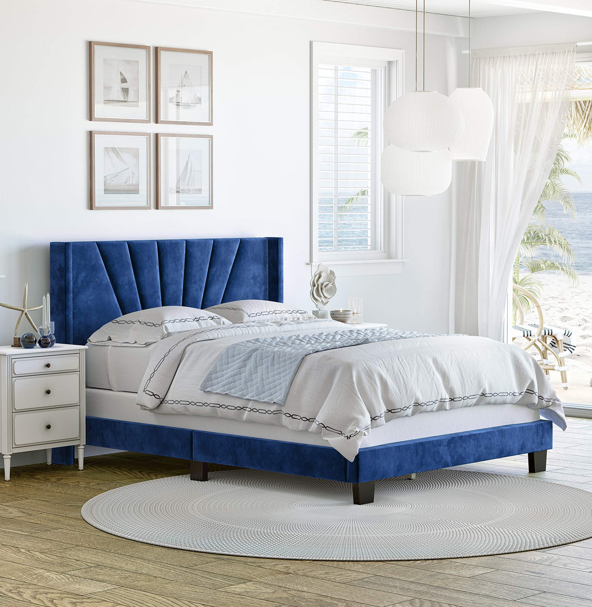 Boyd Sleep Valencia Upholstered Platform Bed Frame Mattress Foundation With Headboard And Strong Wood Slat Supports: Velour, Blue, King (Vlbu959Ek)