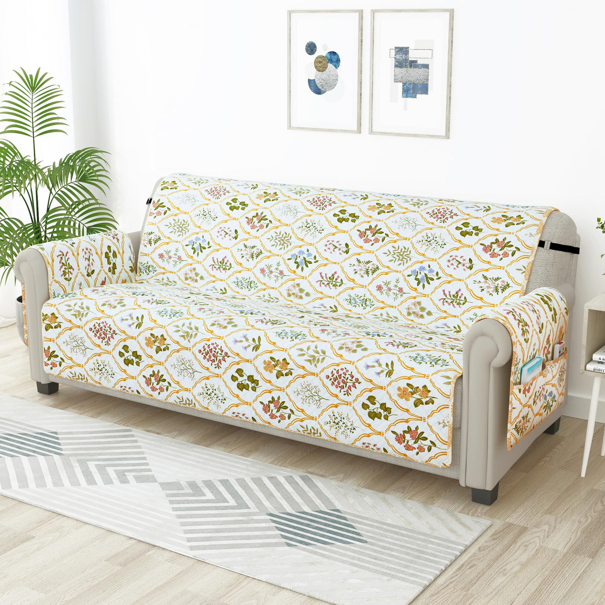Story@Home Quilted Sofa Cover 4 Seater Fully Covered Microfiber Sofa Cover 4 Seater 175 X 220 Cm Beige & Green Floral Motif Desi
