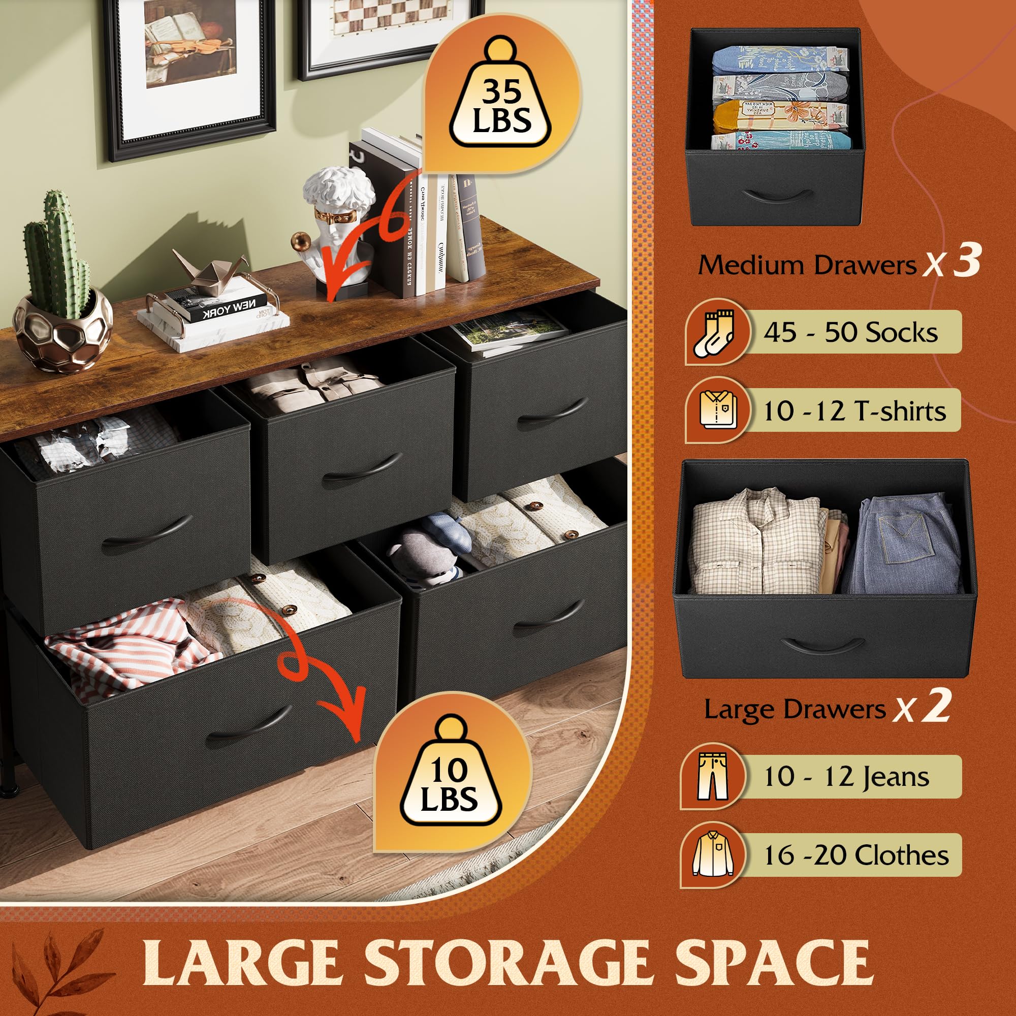 Wlive Dresser For Bedroom With 5 Drawers, Wide Chest Of Drawers, Fabric Dresser, Storage Organizer Unit With Fabric Bins For Closet, Living Room, Hallway, Black And Rustic Brown