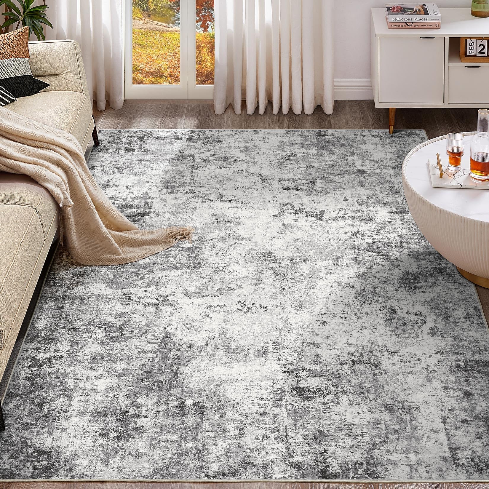 UERMEI 6x9 Area Rug Living Room Rugs - Washable Neutral Modern Abstract Soft Thin Large Rug Indoor Floor No Slip Rug Carpet for 