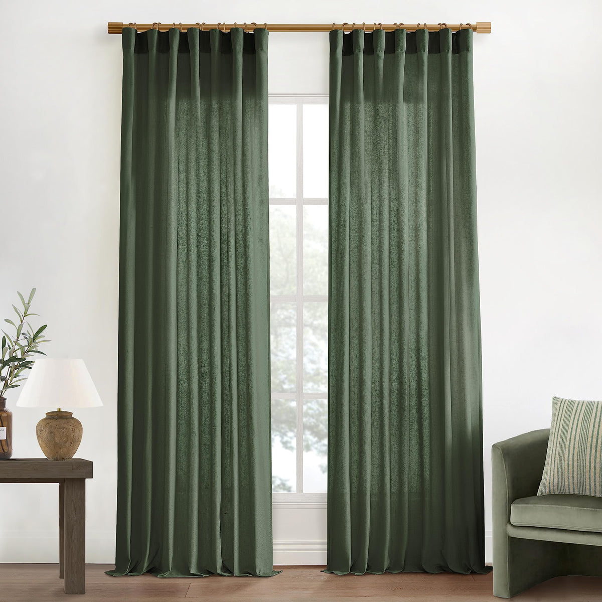 Xtmyi Olive Green Linen Curtains 90 Inches Long For Living Room 2 Panels Set,Back Tab Hooks Long Cotton Blend Semi Sheer Window