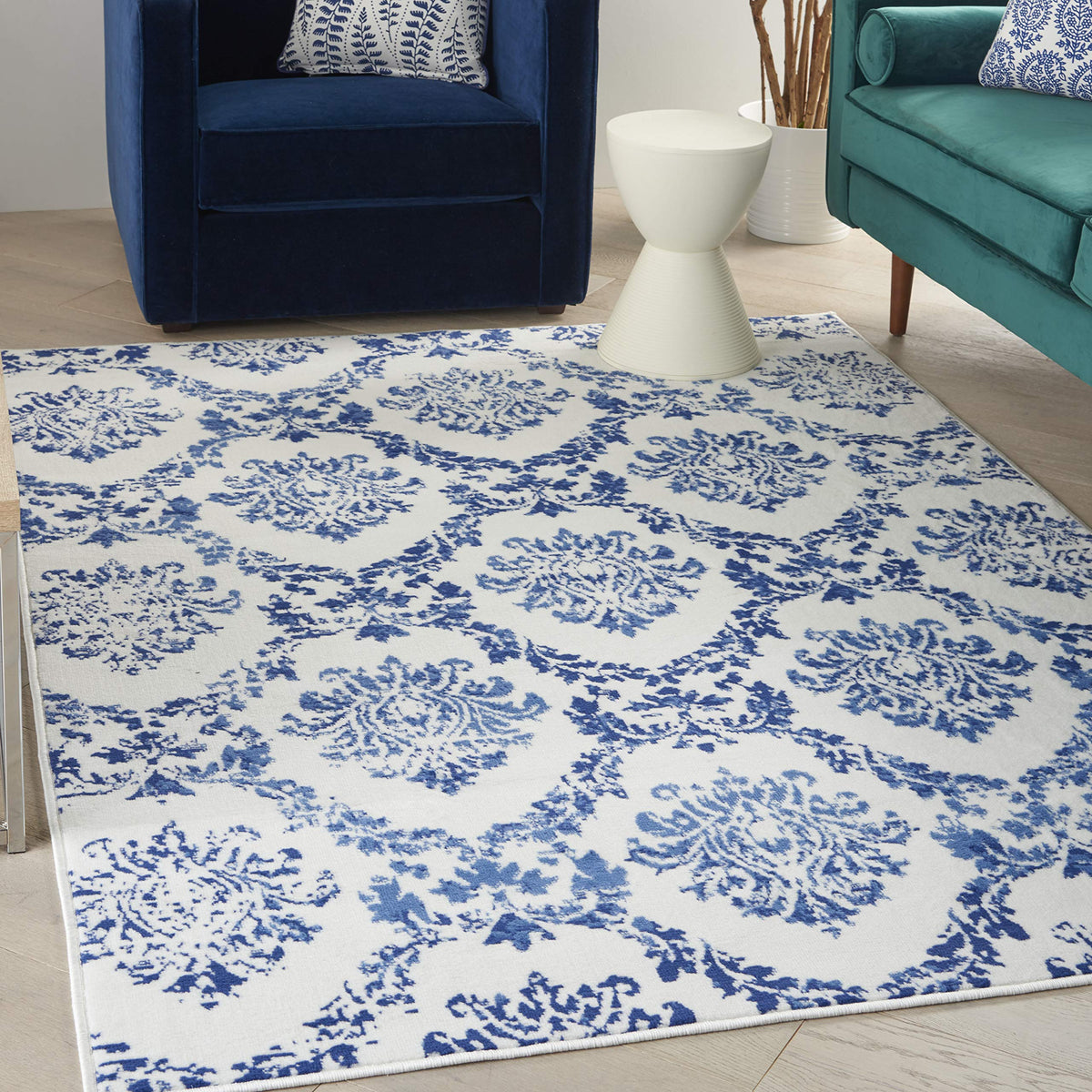 Nourison Whimsicle Damask Ivory Navy 6' X 9' Area Rug, Easy Cleaning, Non Shedding, Bed Room, Living Room, Dining Room, Kitchen