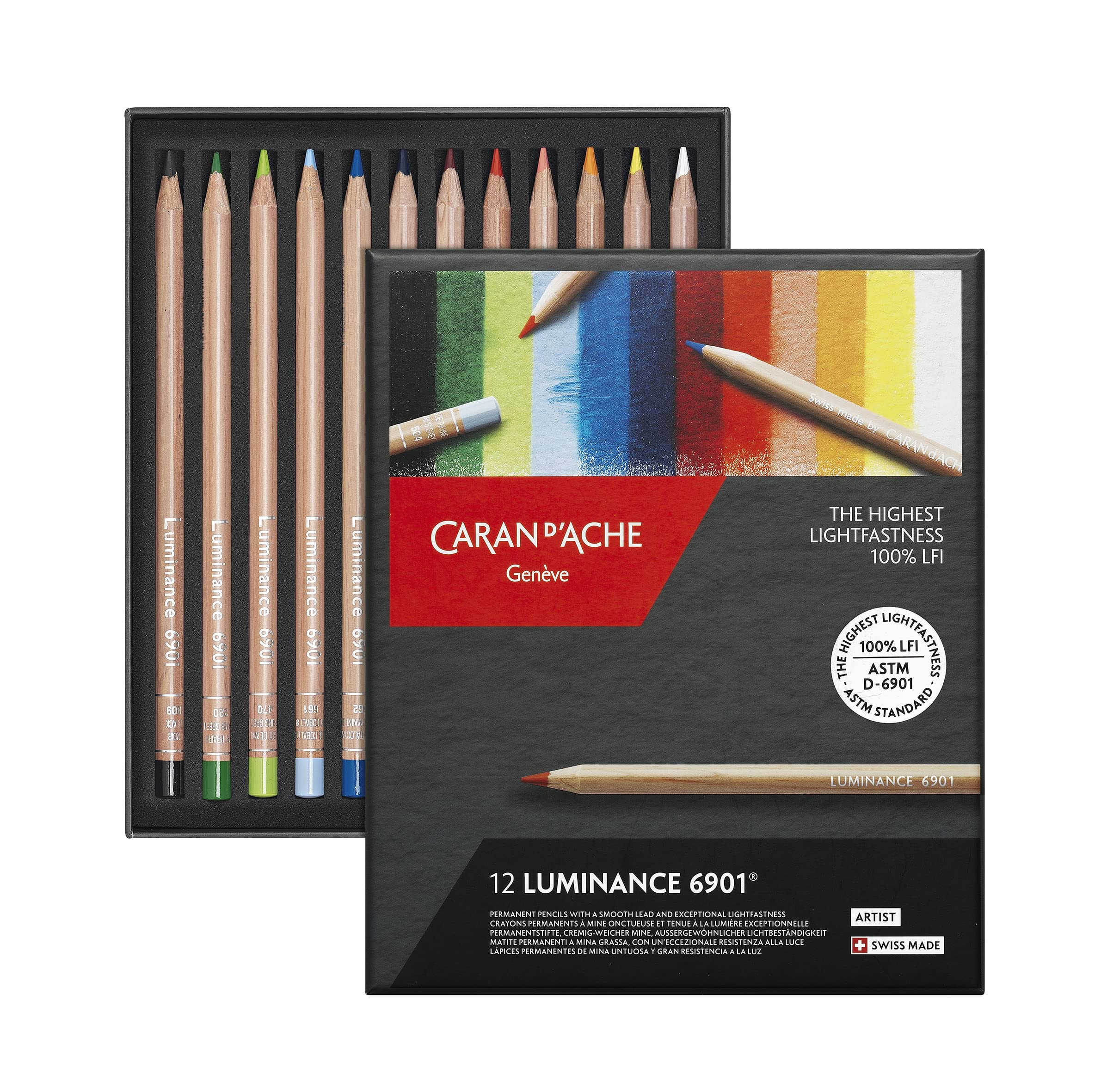 Caran D'Ache Caran Dache 6901 6901-712 Colored Pencils, Oil-Based, Luminance, 12 Color Set, Paper Box, Genuine Import