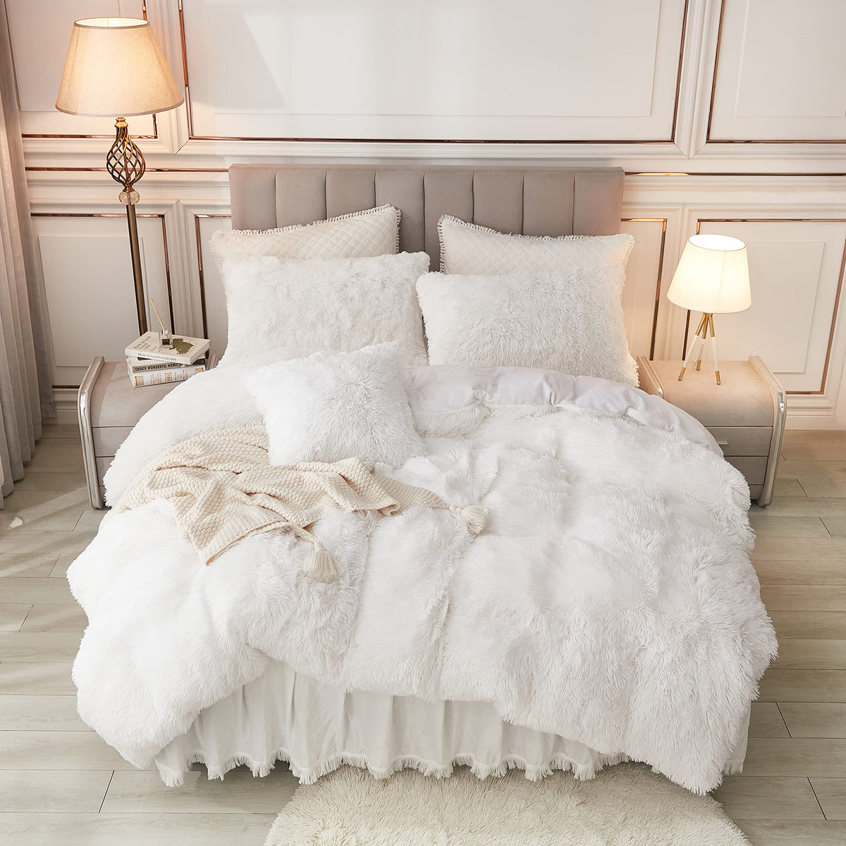 Annadaif Plush Shaggy White Duvet Cover Queen Size, Fluffy Comforter Cover, Fuzzy Faux Fur Bedding Set With Zipper Closure, Luxu