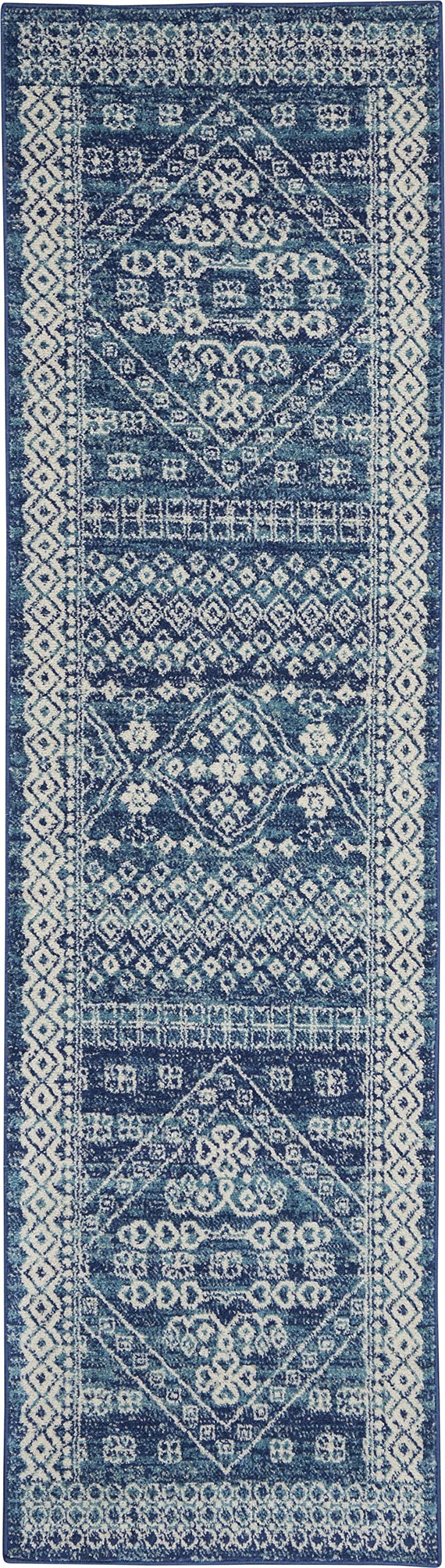 HomeRoots 100% Polypropylene 2’ x 8’ Navy Blue and Ivory Persian Motifs Runner Rug