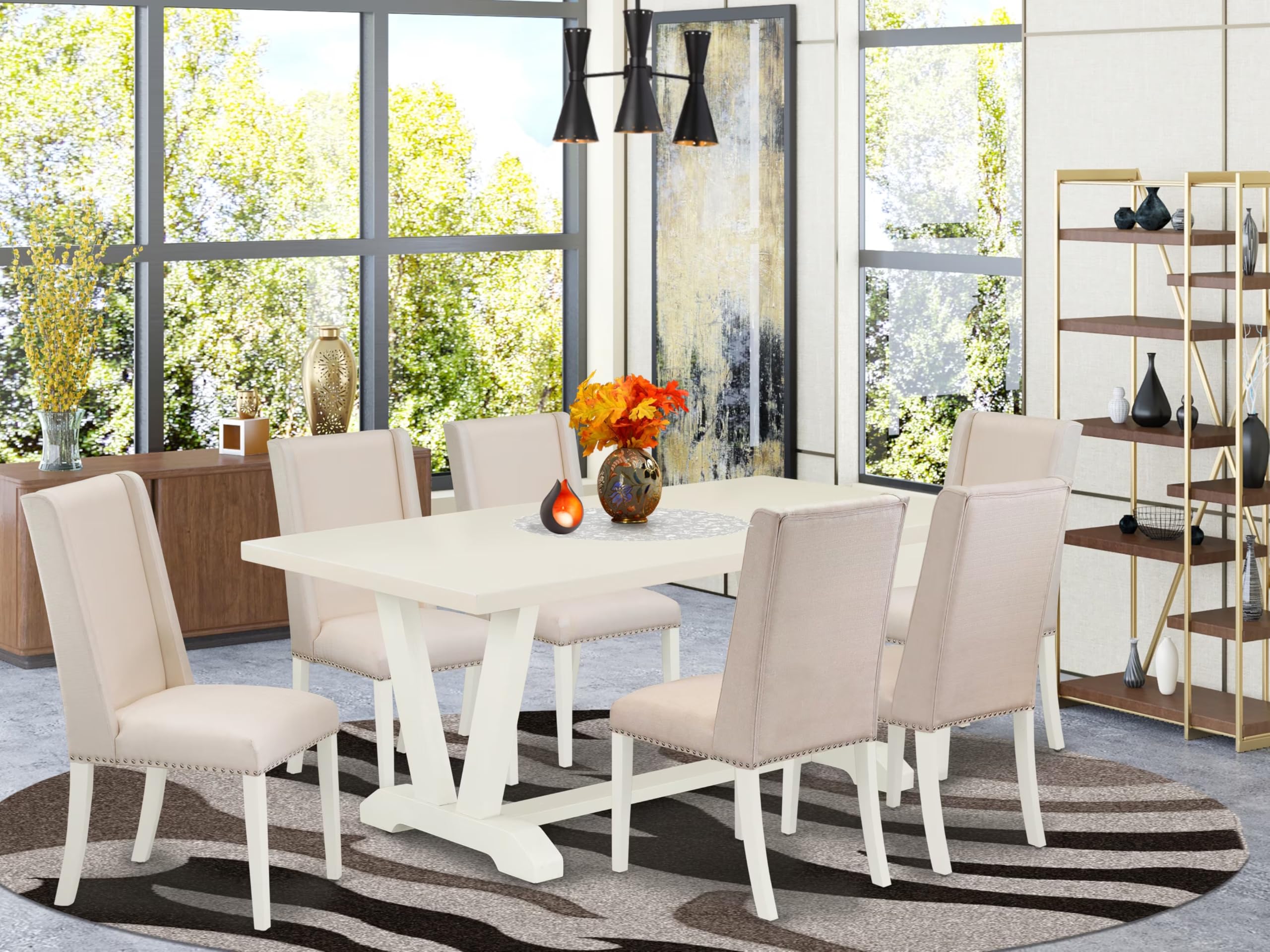 East West Furniture V027Fl201-7 7 Piece Dining Table Set Consist Of A Rectangle Kitchen Table With V-Legs And 6 Cream Linen Fabric Parson Dining Room Chairs, 40X72 Inch, Multi-Color