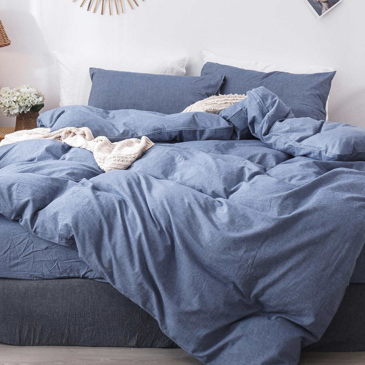 Moomee Bedding Duvet Cover Set 100% Washed Cotton Linen Like Textured Breathable Durable Soft Comfy (Blue, Oversized Queen)