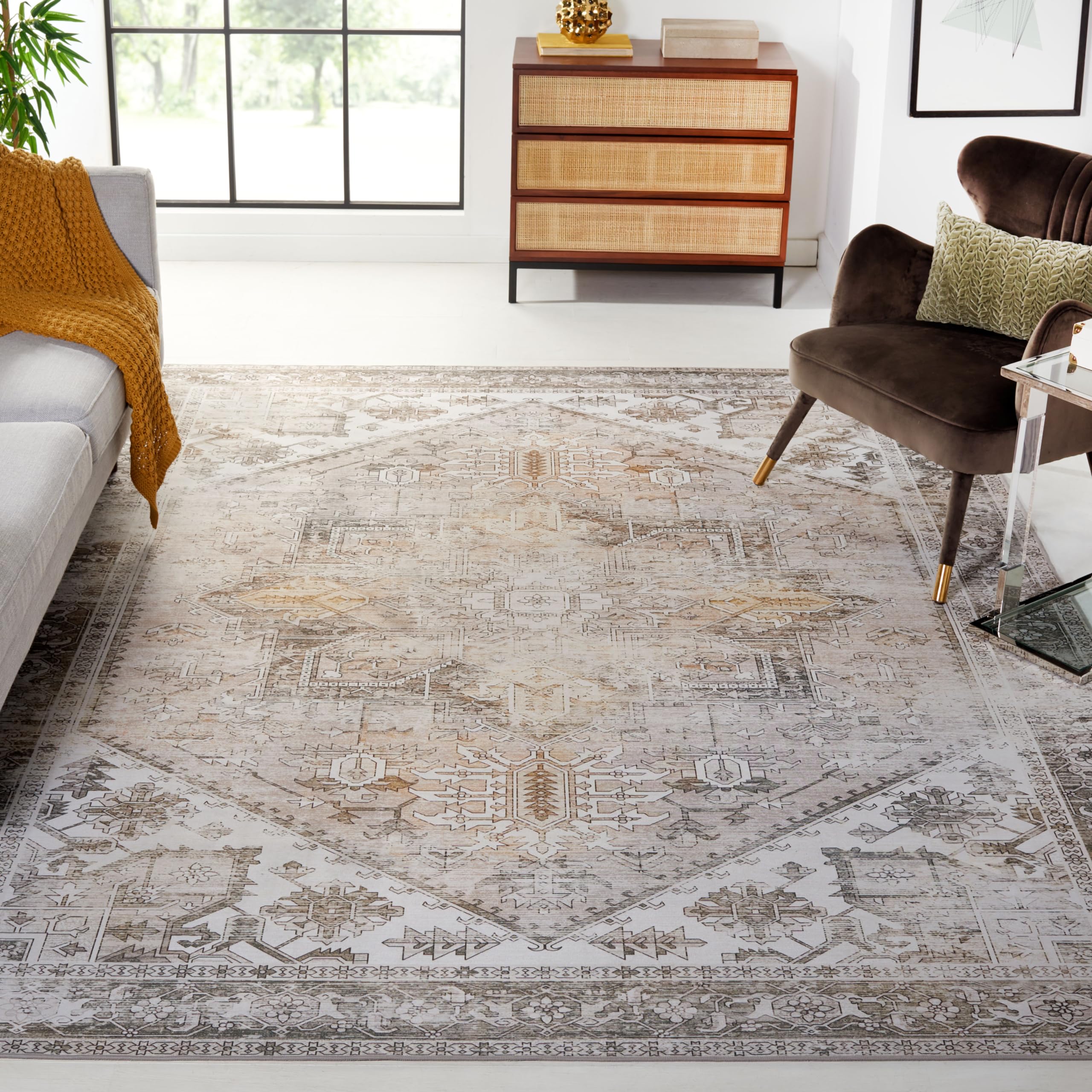 SAFAVIEH Washable Rug Tucson Collection - 9 x 12, Beige & Grey, Slip Resistant, Ideal for High Traffic Areas in Living Room, B