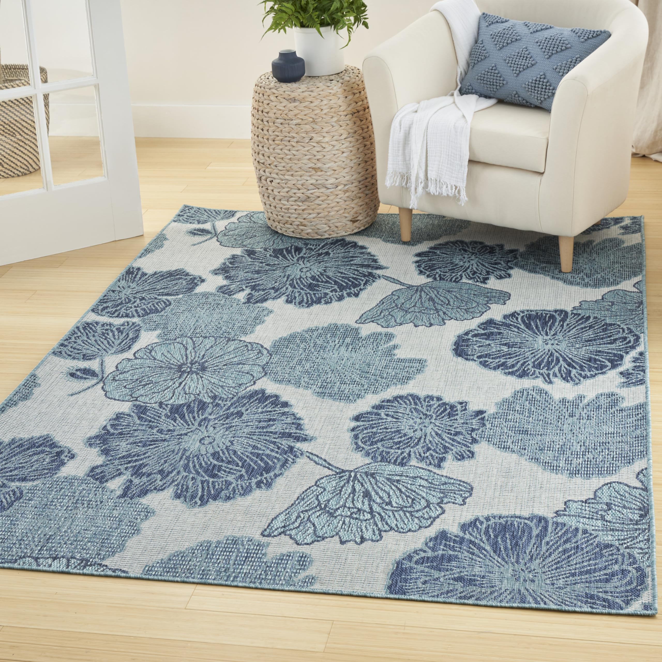 Nourison Garden Oasis Indoor-Outdoor Blue 4' X 6' Area Rug, Easy Cleaning, Non Shedding, Bed Room, Living Room, Dining Room, Bac