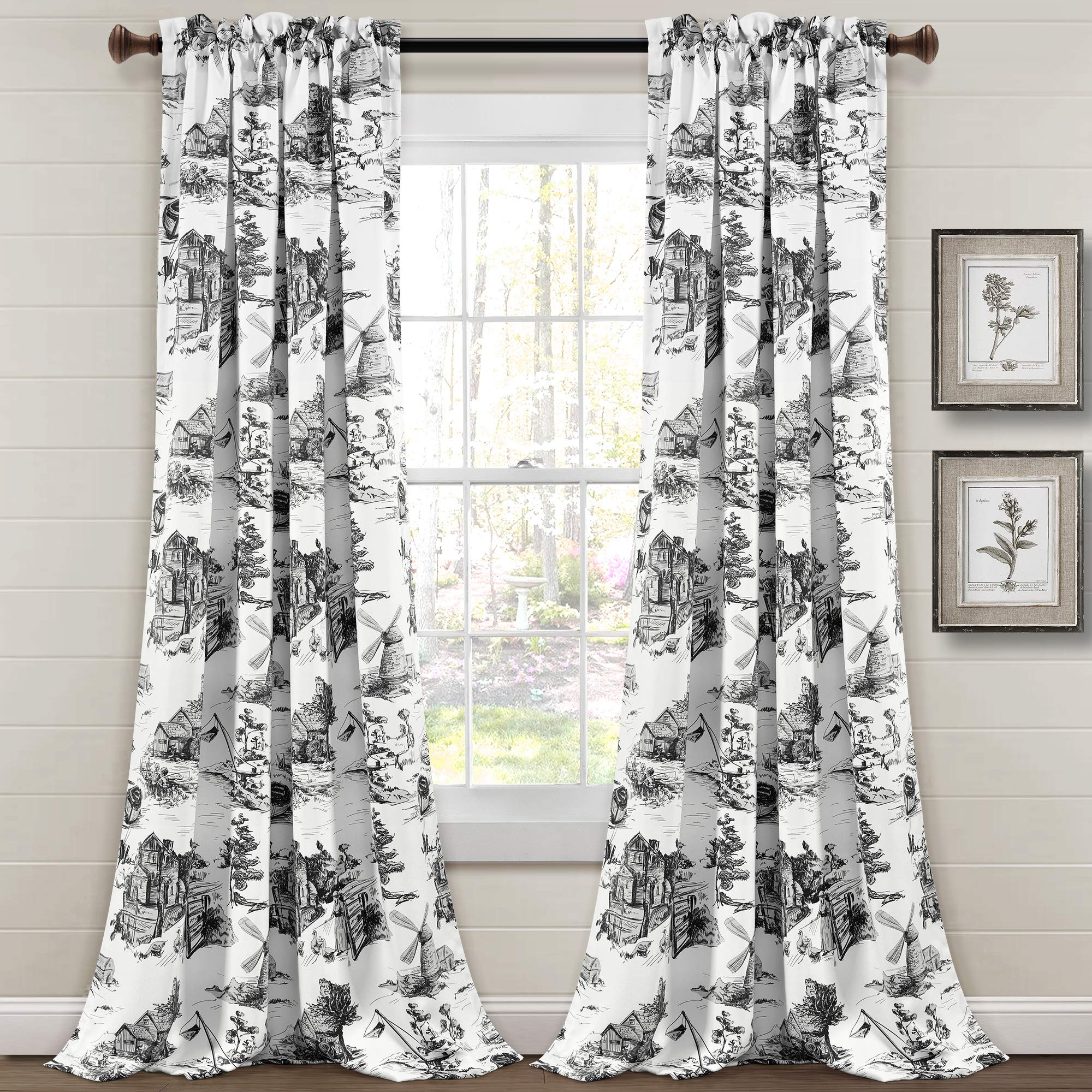 Lush Decor French Country Toile Light Filtering Window Curtain Panel Pair, 52 W x 95 L, White & Charcoal
