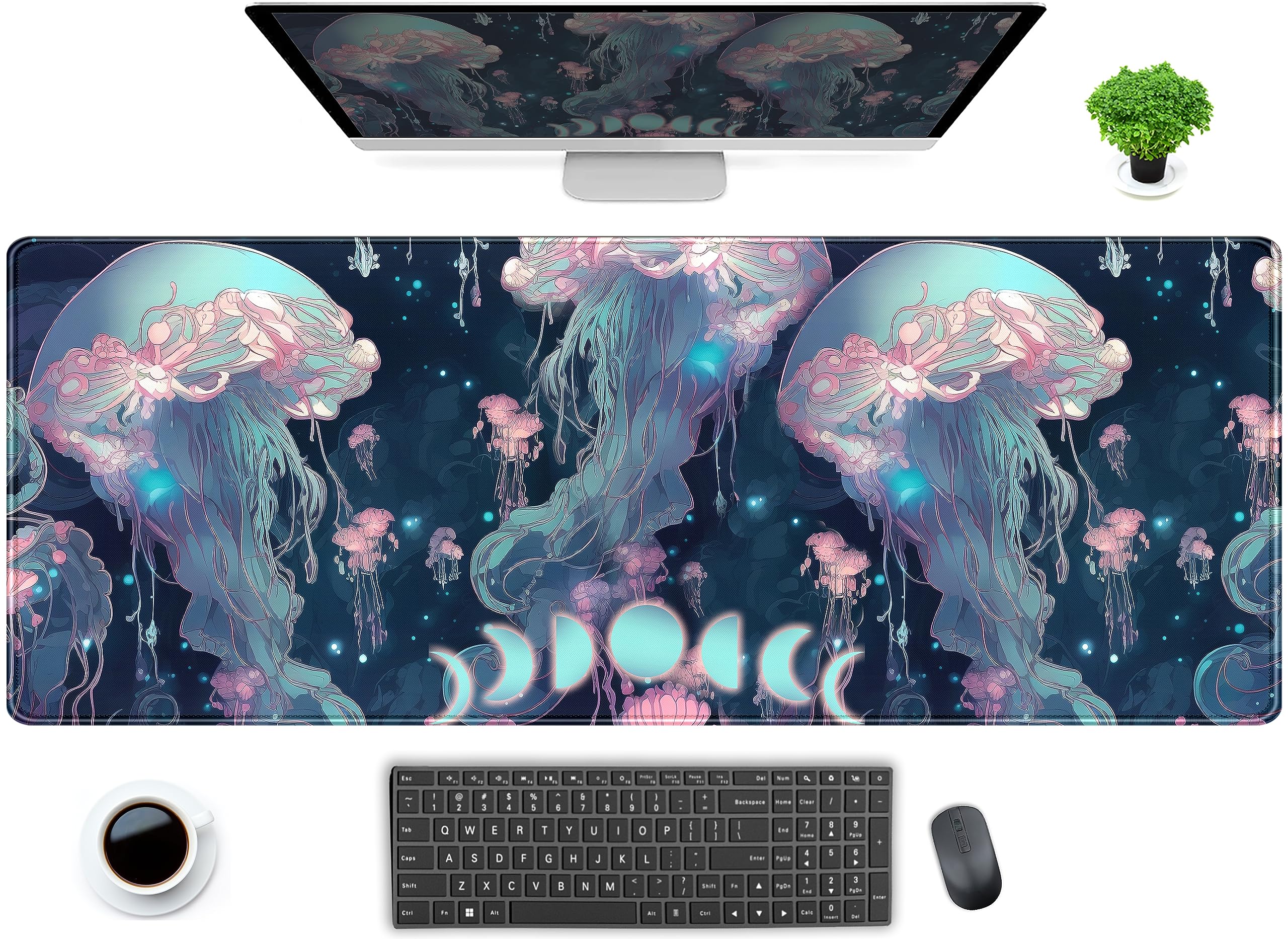 Dcjjm Anime Jellyfish Desk Mat Neon Blue Xl Large Extended Gaming Mouse Pad Cute Ocean Moon Mats Computer Laptop Keyboard Mouse