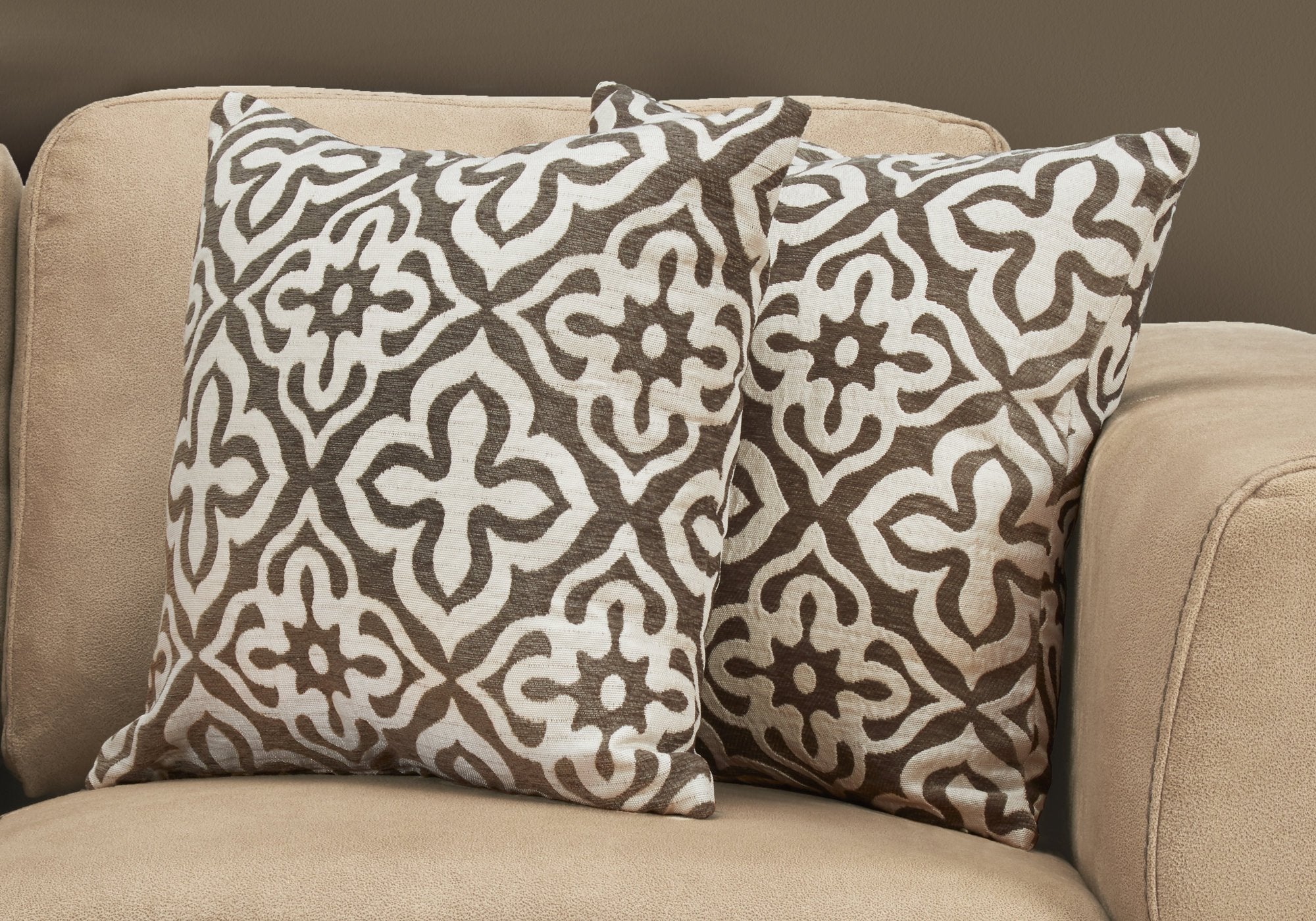 Monarch Specialties 9217, Set Of 2, 18 X 18 Square, Insert Included, Decorative Throw, Accent, Sofa, Couch, Bedroom, Polyester, Hypoallergenic, Brown Pillow 18&quot;X 18&quot; Dark Taupe Motif Design 2Pcs, 2