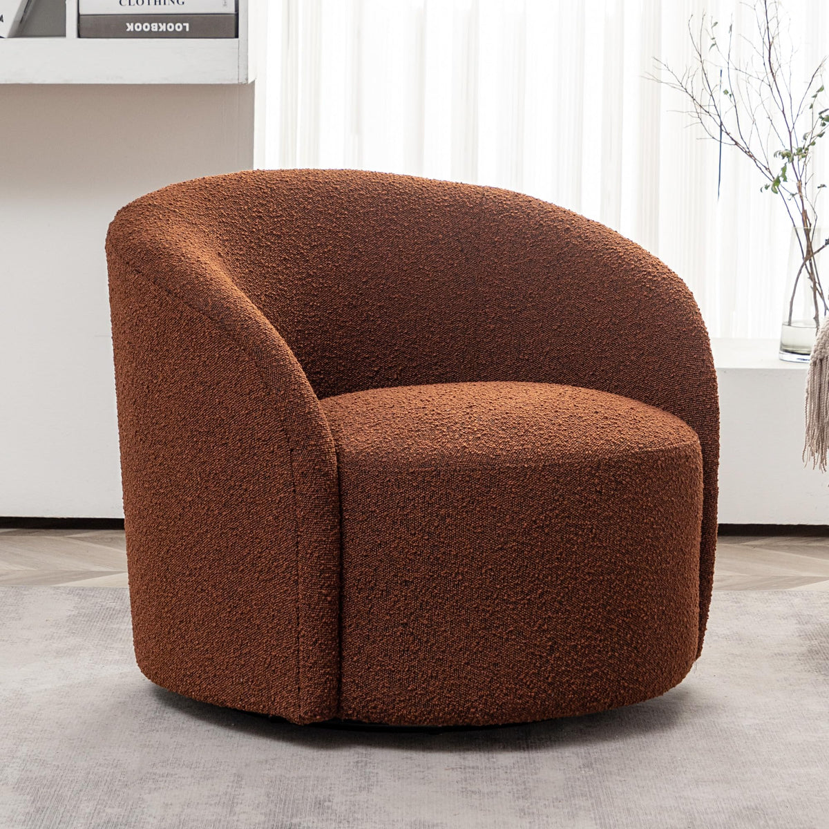 Kinwell 34' W Mid Century Modern Swivel Barrel Chair, Round Upholstered Boucle Swivel Accent Chairs, No Assembly Sofa Chair For