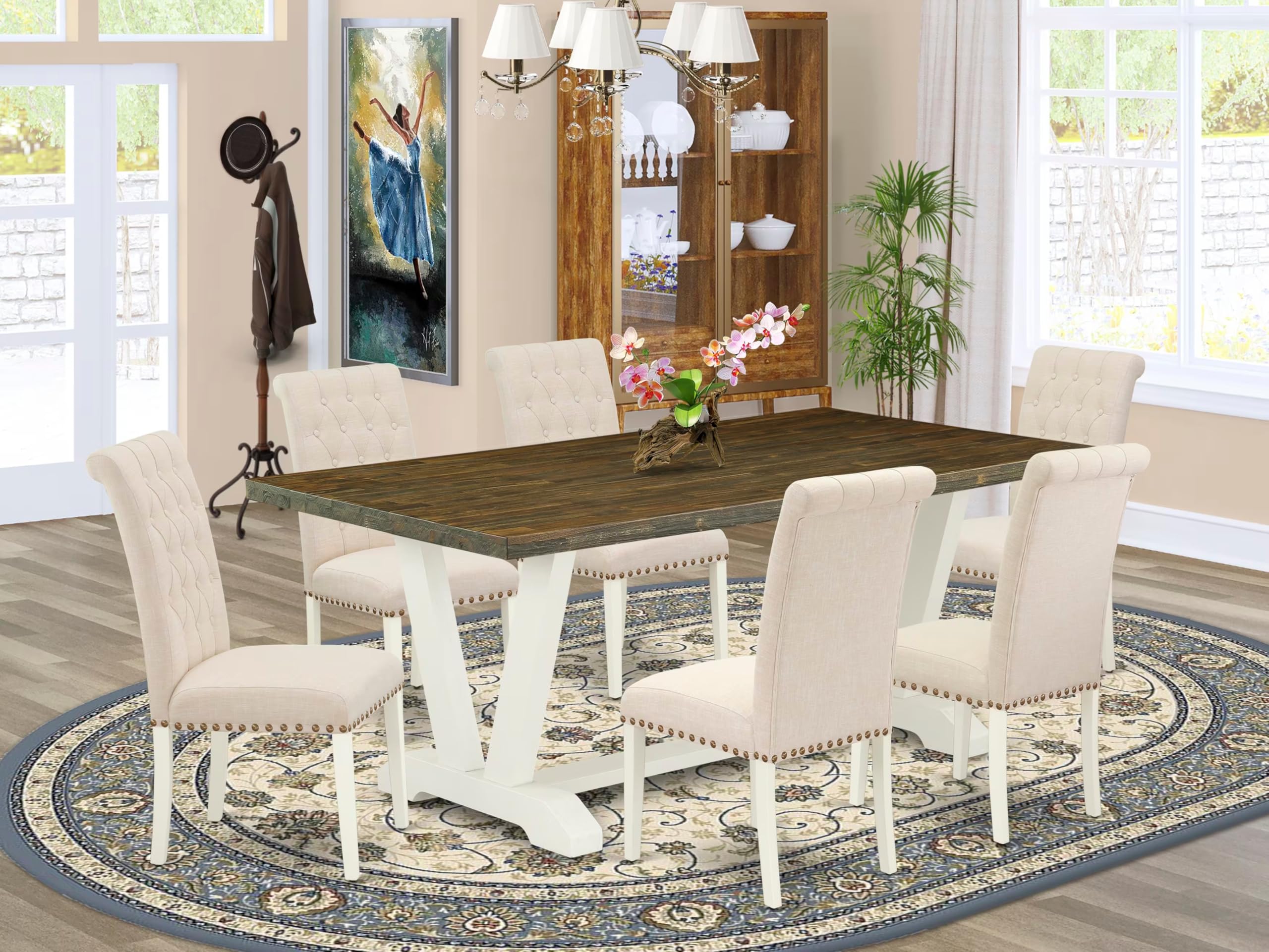 East West Furniture V077Br202-7 7 Piece Kitchen Table Set Consist Of A Rectangle Dining Table With V-Legs And 6 Light Beige Linen Fabric Parsons Dining Chairs, 40X72 Inch, Multi-Color