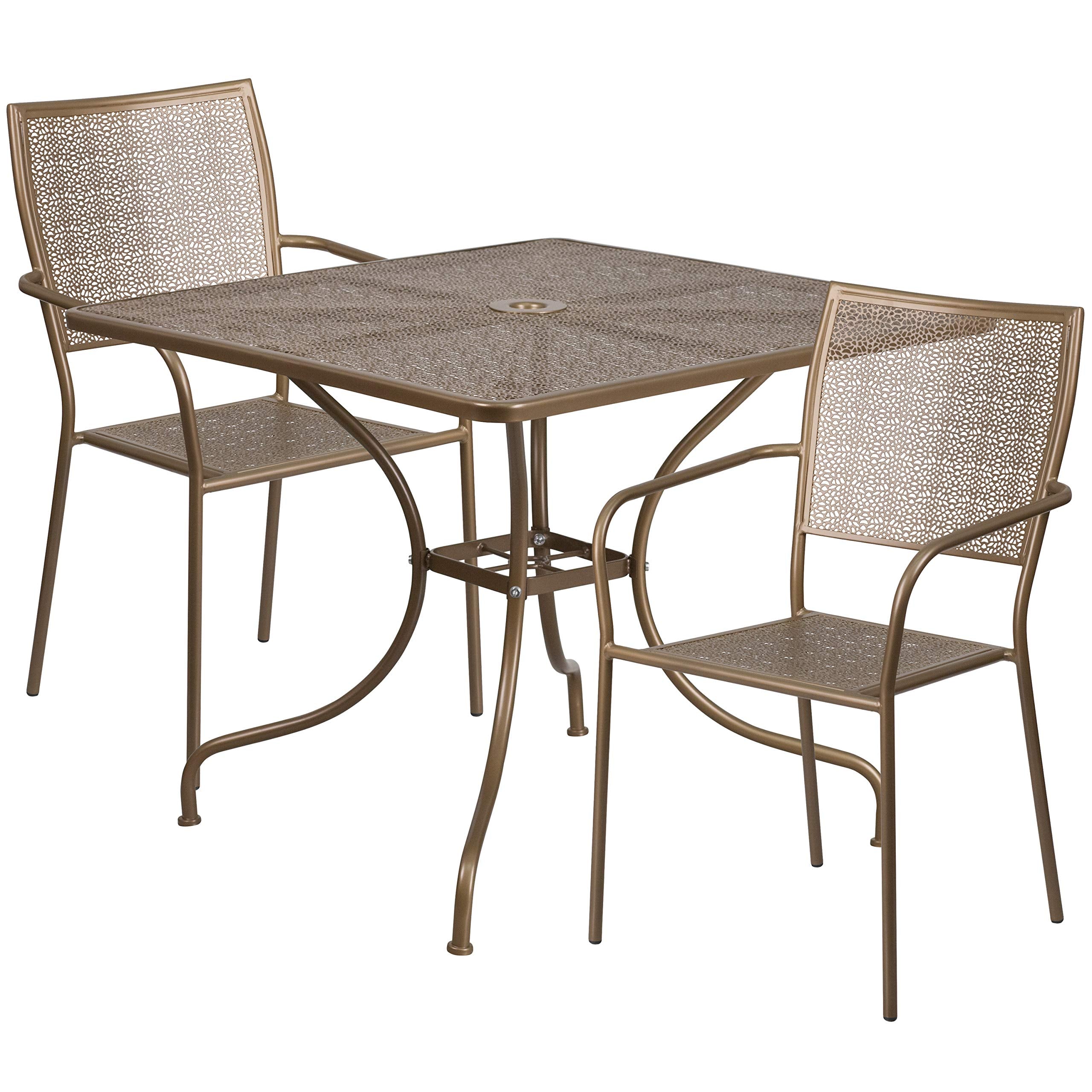 Flash Furniture Commercial Grade 35.5' Square Gold Indoor-Outdoor Steel Patio Table Set With 2 Square Back Chairs