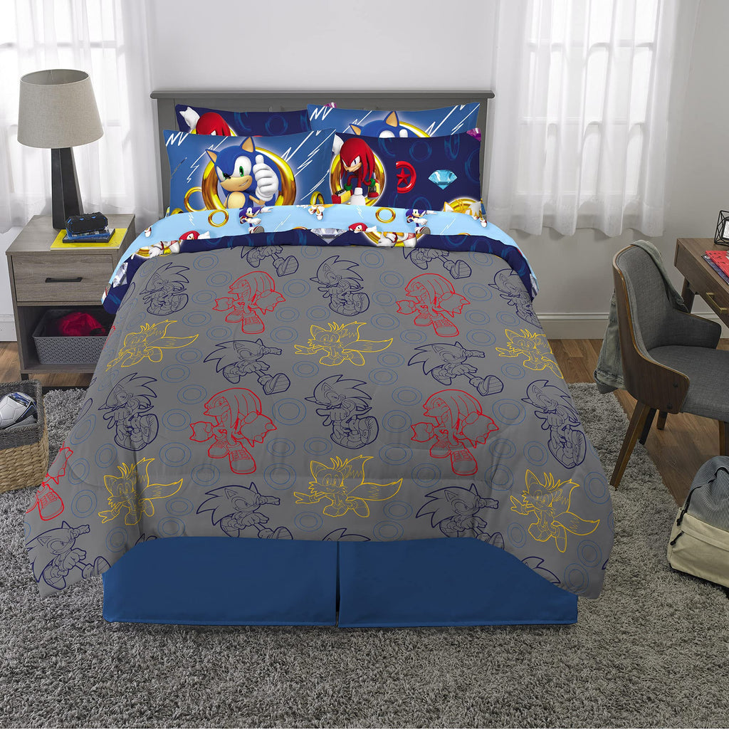 Franco Sonic the Hedgehog Kids Bedding Set, 7 Piece Queen Size, Super Soft Comforter and Sheet Set, Official Licensed Product