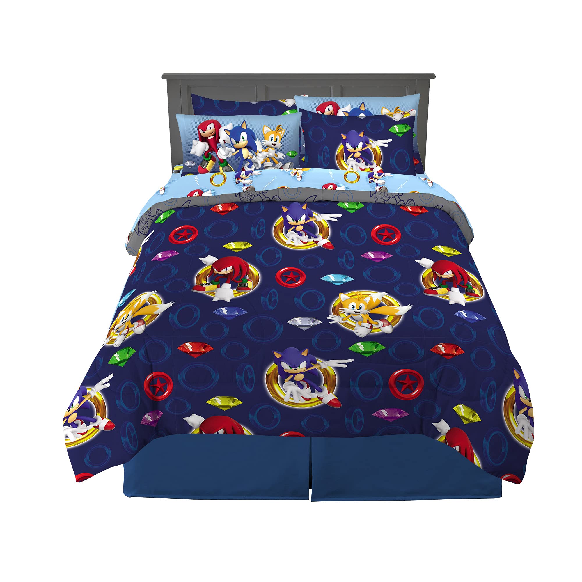 Franco Kids Sonic The Hedgehog Microfiber Full Size 7 Piece Comforter and Sheet Set Blue