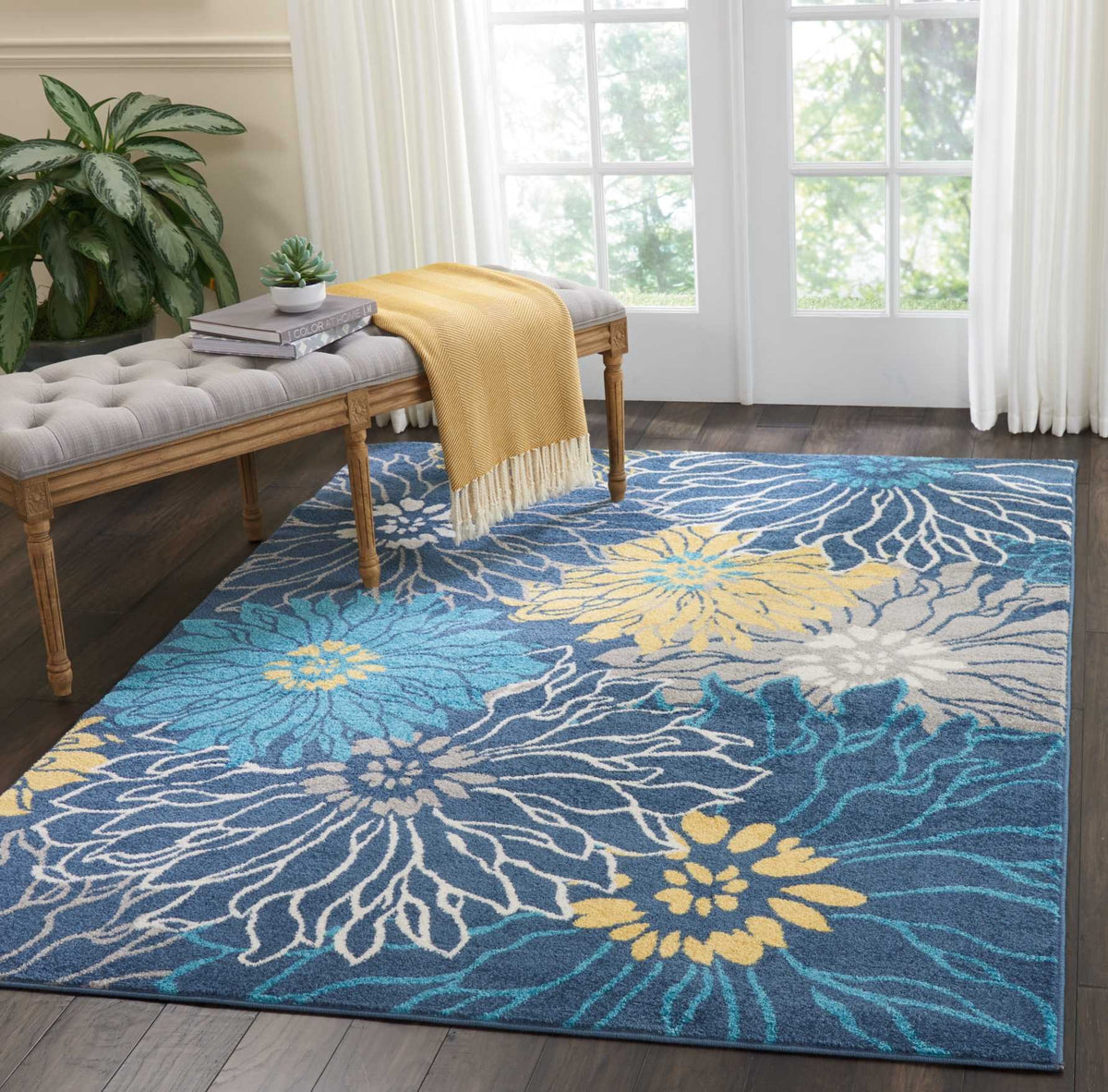 Nourison Passion Blue 5'3' X 7'3' Area Rug, Floral, Farmhouse, Easy Cleaning, Non Shedding, Bed Room, Living Room, Dining Room