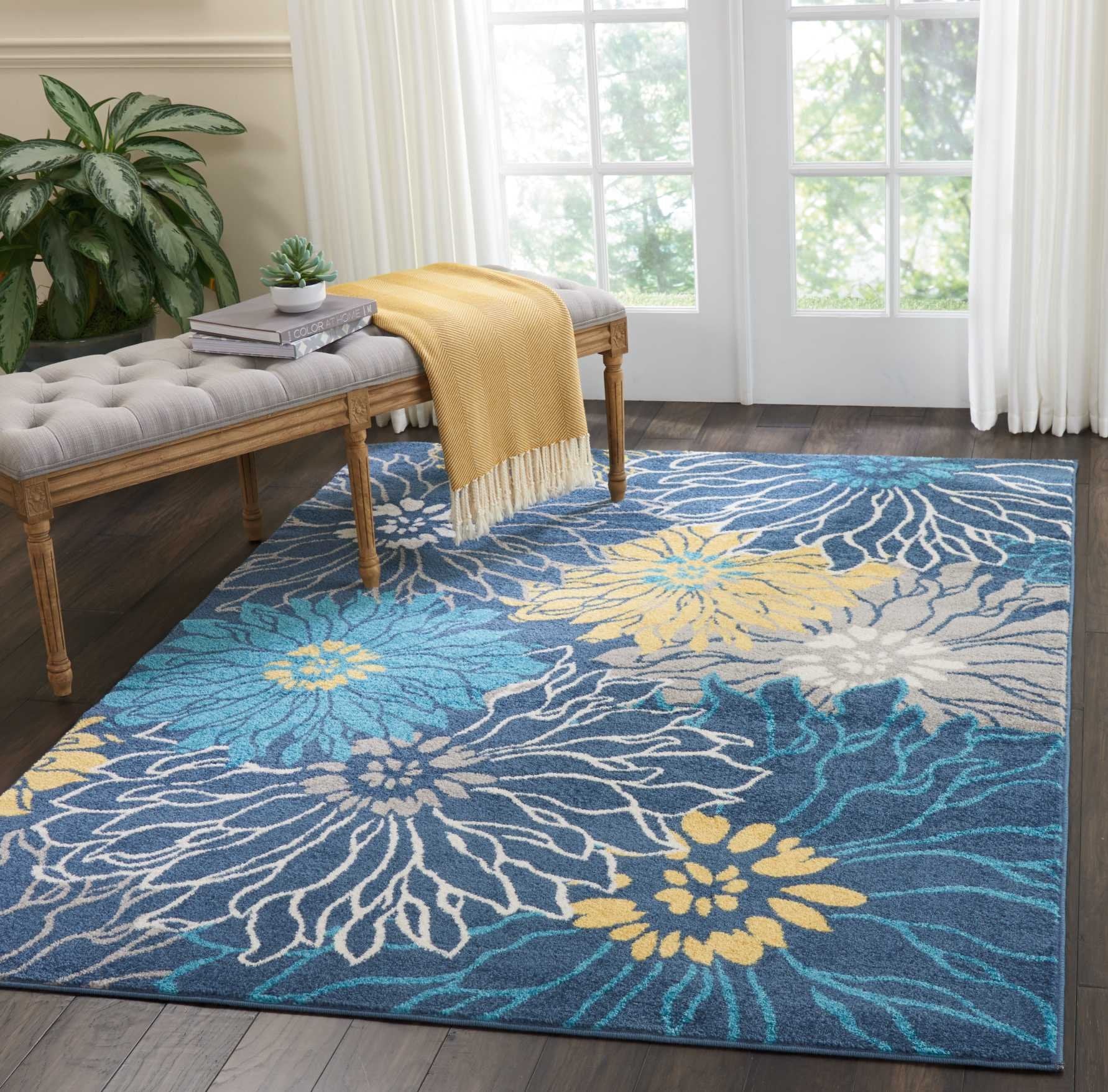 Nourison Passion Blue 5'3' X 7'3' Area Rug, Floral, Farmhouse, Easy Cleaning, Non Shedding, Bed Room, Living Room, Dining Room