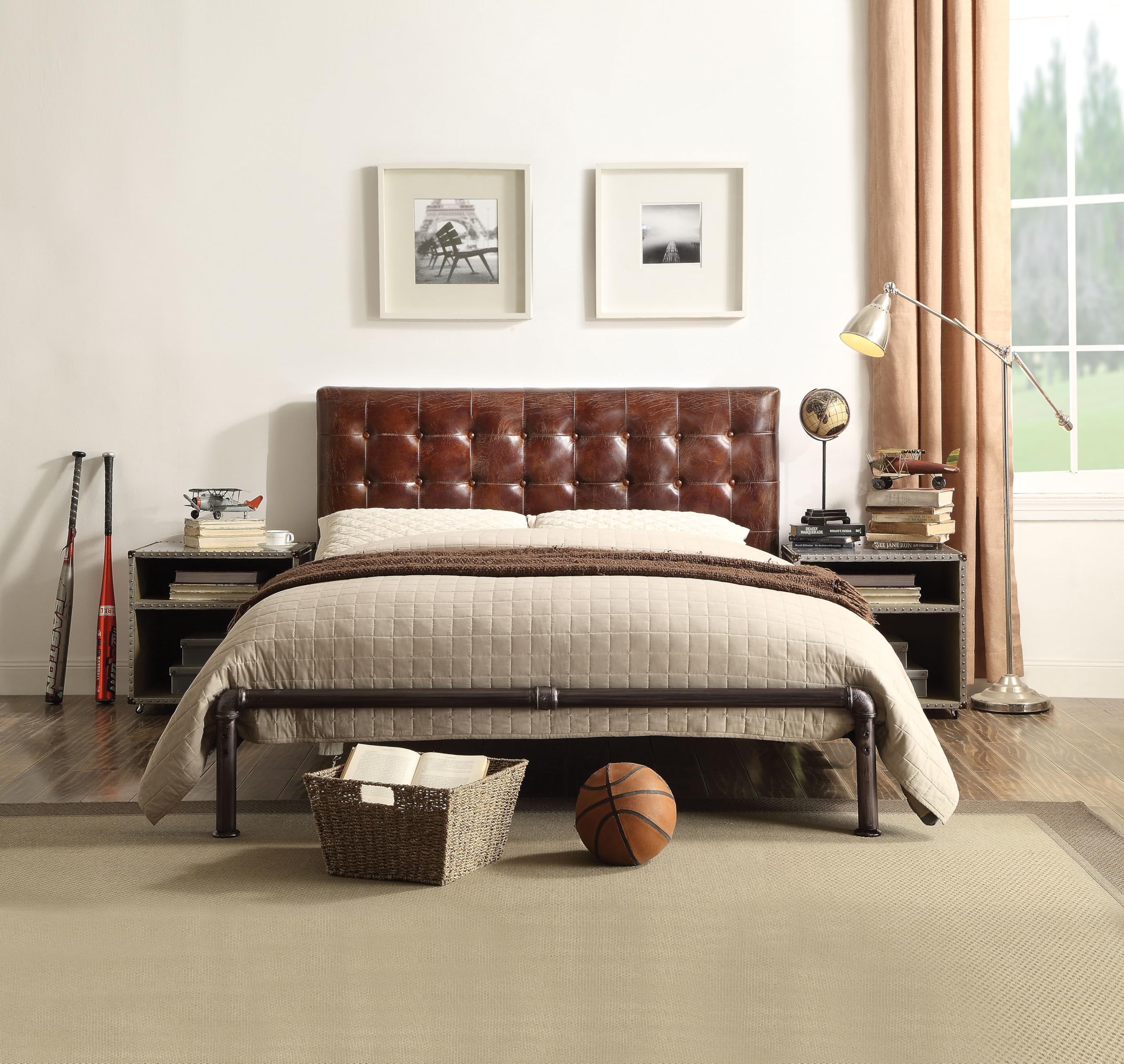 Acme Brancaster Tufted Leather Queen Bed in Vintage Brown