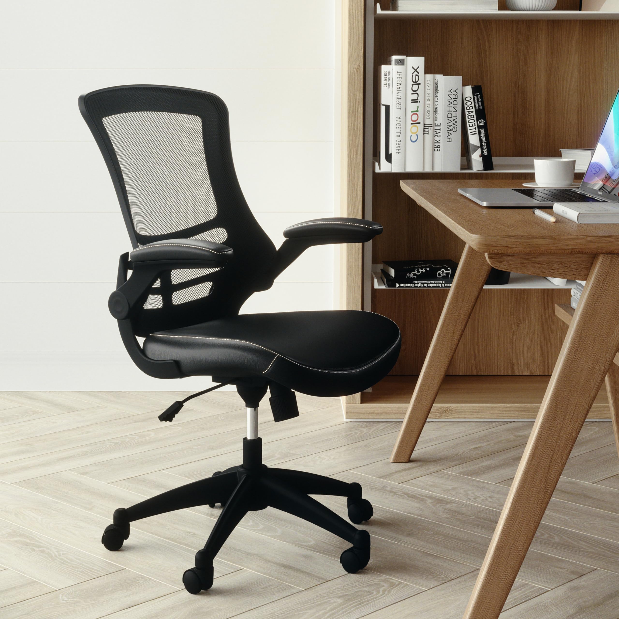 Flash Furniture Kelista Mid-Back Swivel Office Chair with Adjustable Seat Height, Ergonomic Mesh Desk Chair with LeatherSoft Seat, Black