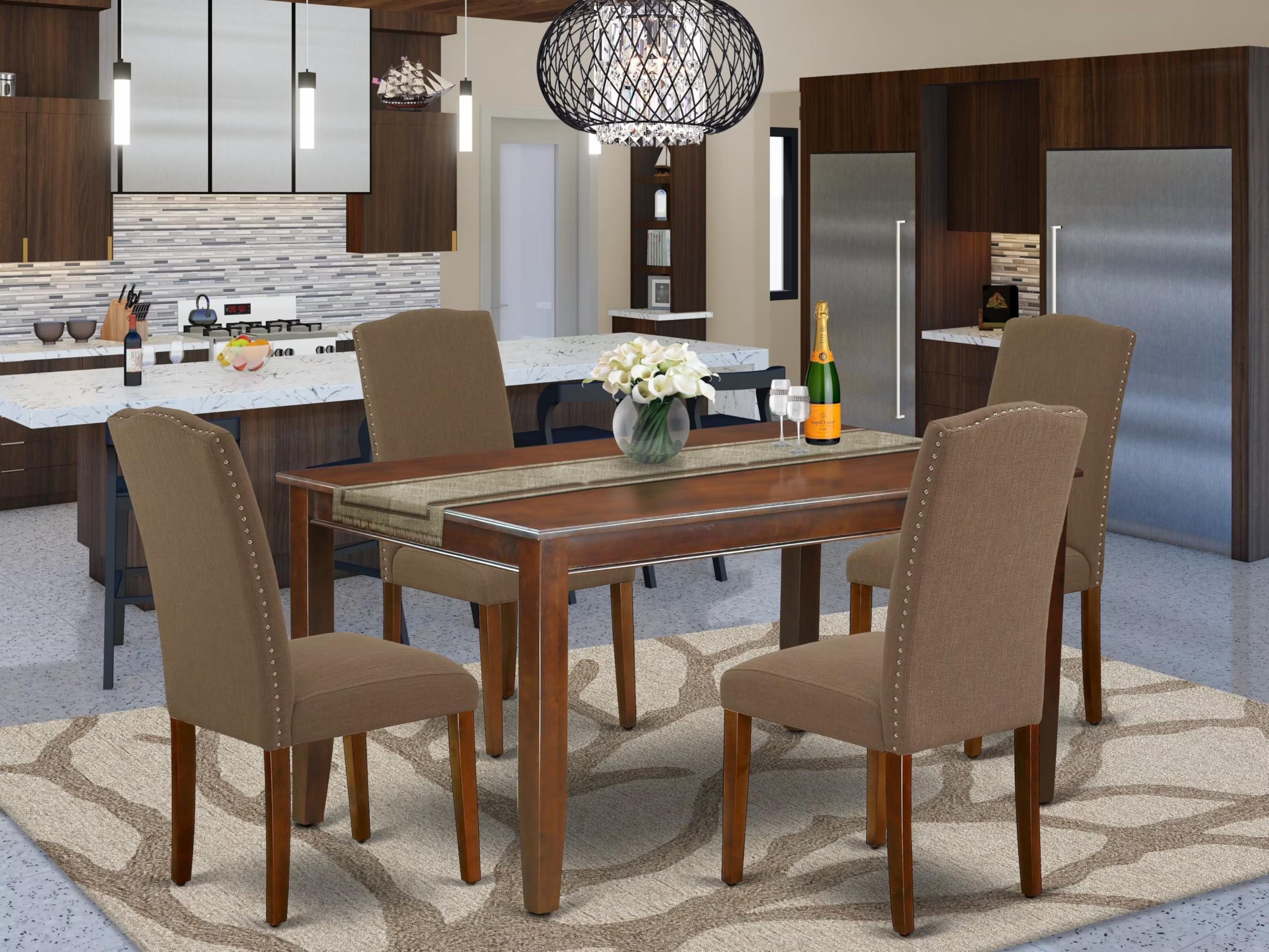 East West Furniture Duen5-Mah-18 5 Piece Dining Room Furniture Set Includes A Rectangle Dining Table And 4 Dark Coffee Linen Fabric Upholstered Parson Chairs, 36X60 Inch, Mahogany
