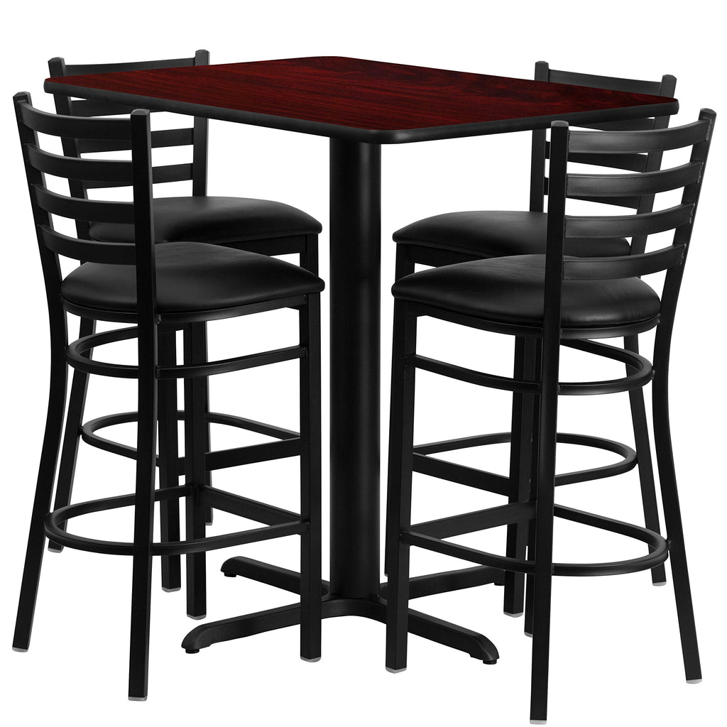 Flash Furniture 24''W x 42''L Rectangular Mahogany Laminate Table Set with 4 Ladder Back Metal Barstools - Black Vinyl Seat