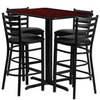 Flash Furniture 24''W x 42''L Rectangular Mahogany Laminate Table Set with 4 Ladder Back Metal Barstools - Black Vinyl Seat