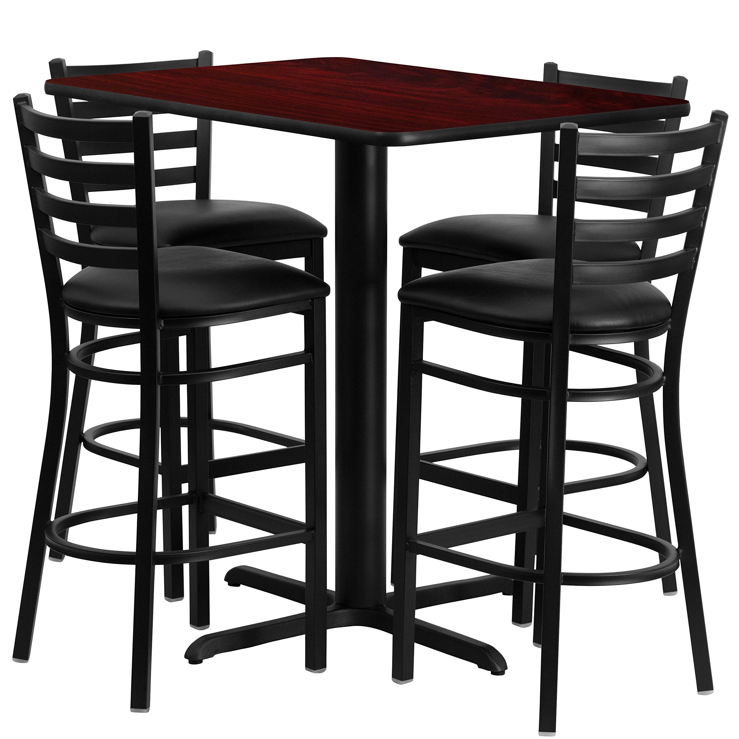 Flash Furniture 24''W x 42''L Rectangular Mahogany Laminate Table Set with 4 Ladder Back Metal Barstools - Black Vinyl Seat