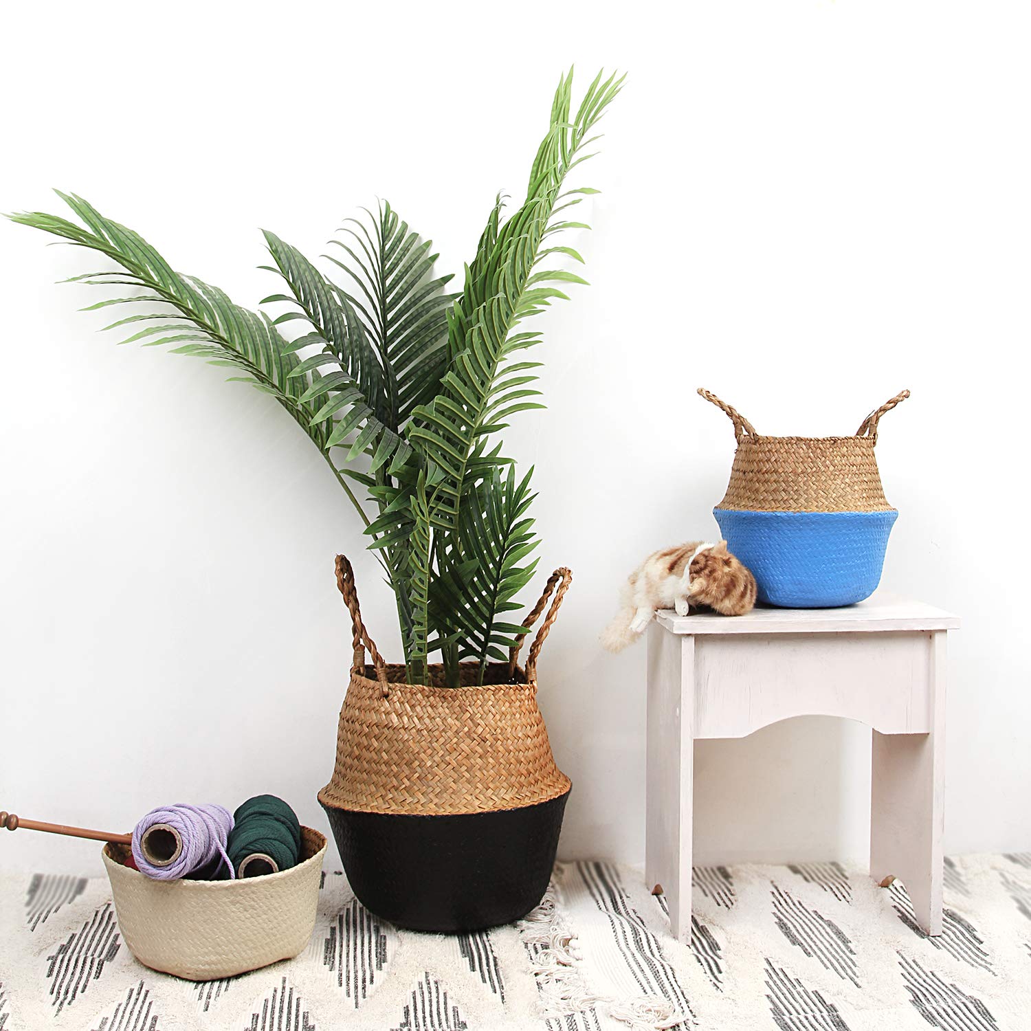 Bluemake Woven Seagrass Belly Basket For Storage, Laundry, Picnic, Plant Pot Cover, And Grocery And Toy Storage (Black, Large)