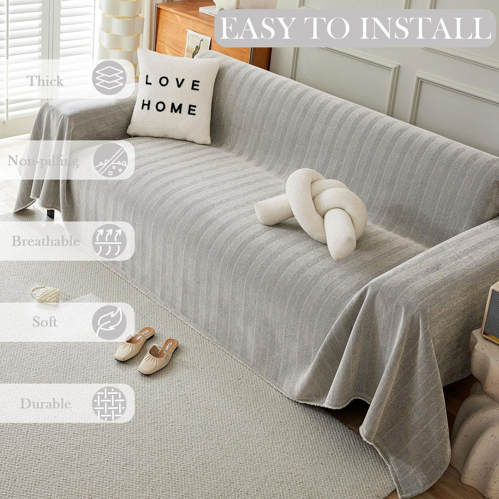 Handontime Grey Sofa Cover For Couch Boho Couch Cover For 3 Seat Couch Dog Couch Cover Love Seat Couch Covers Light Grey Sofa Sectional Cover 91' X150' Tassel Chenille Herringbone Sofa Covers