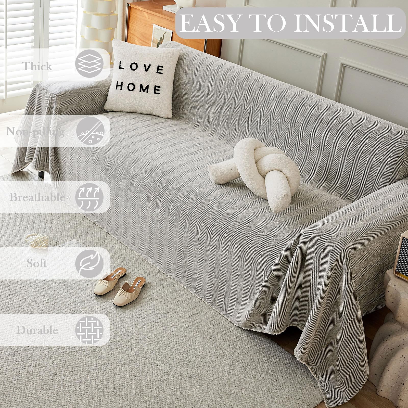 Handontime Grey Sofa Cover For Couch Boho Couch Cover For 3 Seat Couch Dog Couch Cover Love Seat Couch Covers Light Grey Sofa Sectional Cover 91' X118' Tassel Chenille Herringbone Sofa Covers