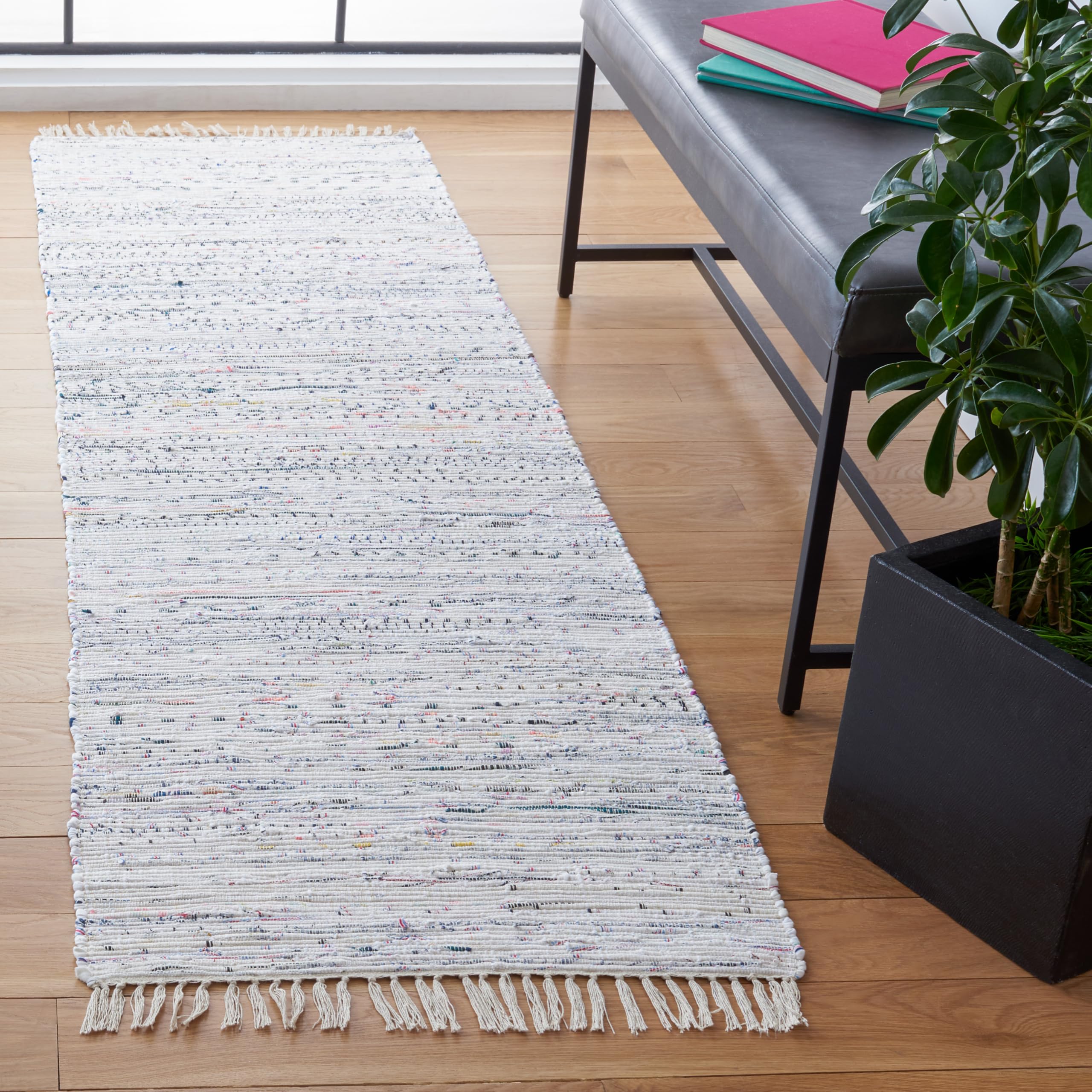 SAFAVIEH Rag Rug Collection Runner Rug - 23 x 14, Ivory & Multi, Handmade Boho Stripe Cotton, Ideal for High Traffic Areas in 