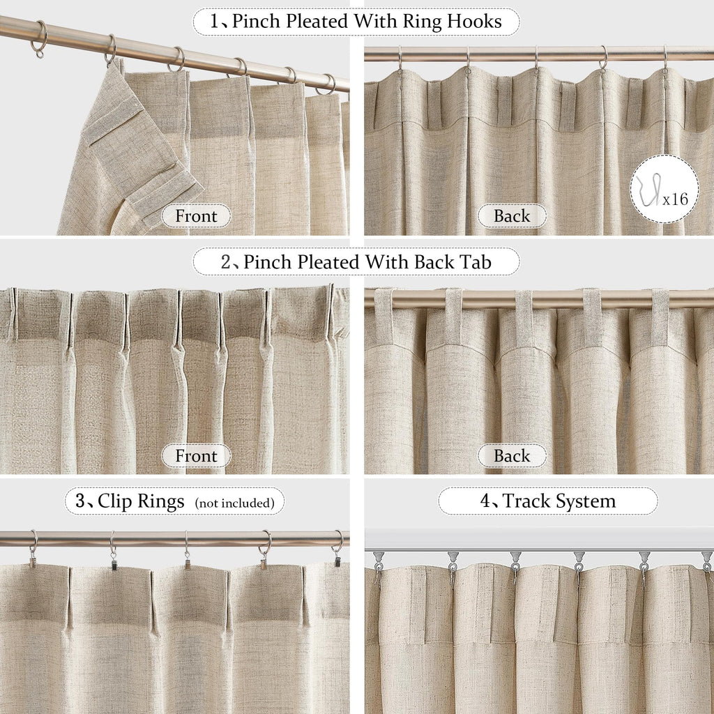 Fmfunctex Linen Pinch Pleated Curtains 96 Inches Long For Living Room, Beige Semi Sheer Pleat Drapes For Bedroom With Hooks, Lig