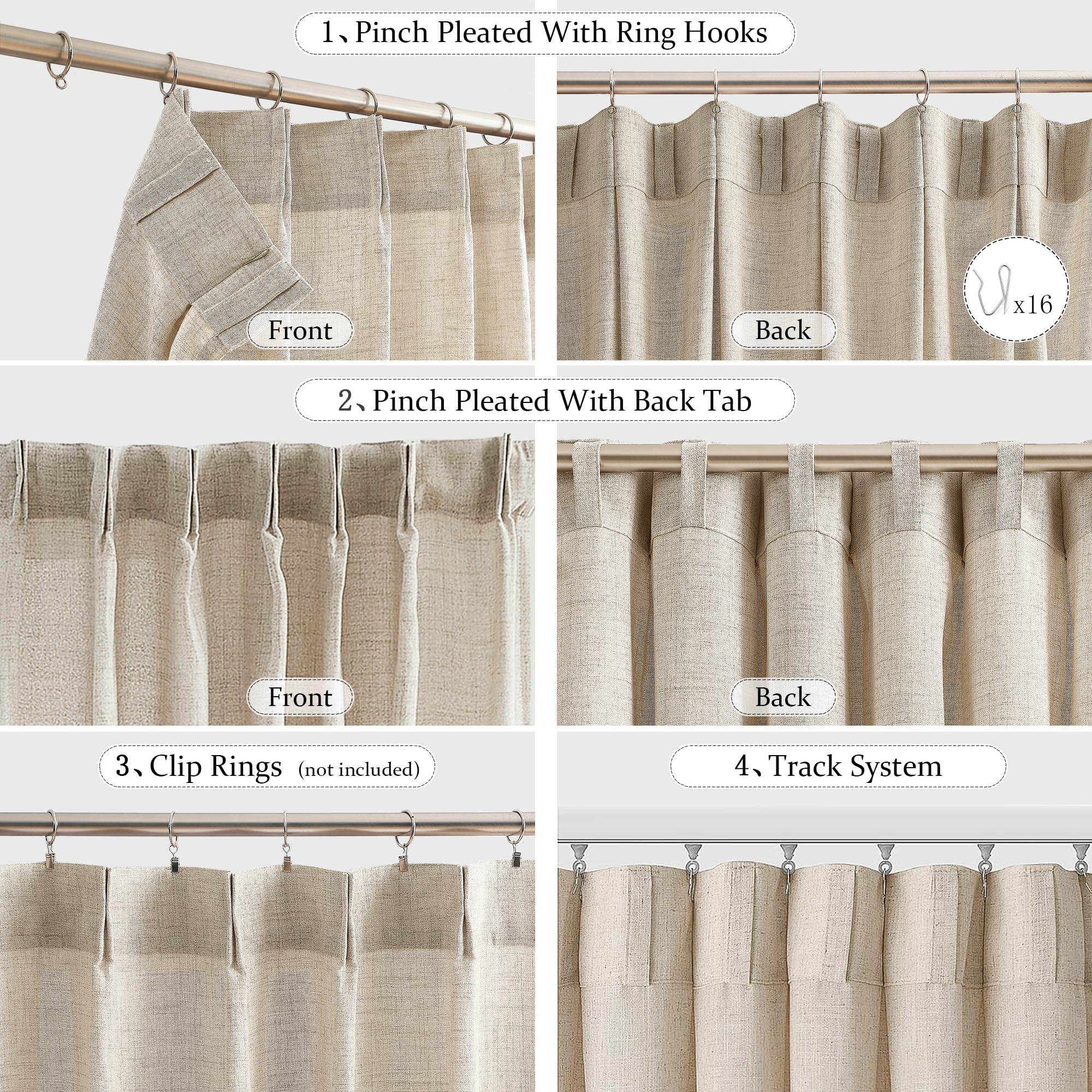 Fmfunctex Linen Pinch Pleated Curtains 96 Inches Long For Living Room, Beige Semi Sheer Pleat Drapes For Bedroom With Hooks, Lig