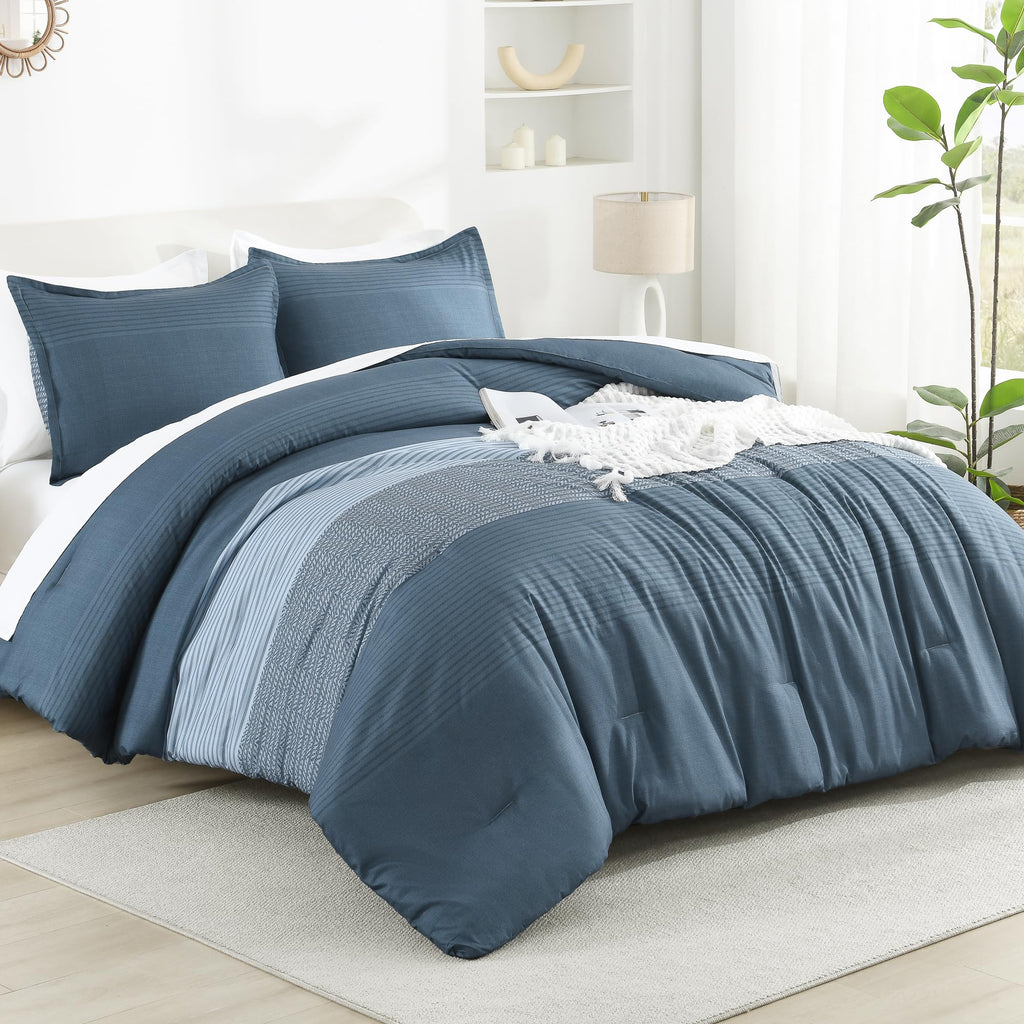 Litanika Haze Blue Comforter Set King - 3 Pieces Lightweight Haze Blue White Colorblock Stripe Fluffy Bedding Comforter Sets, Al